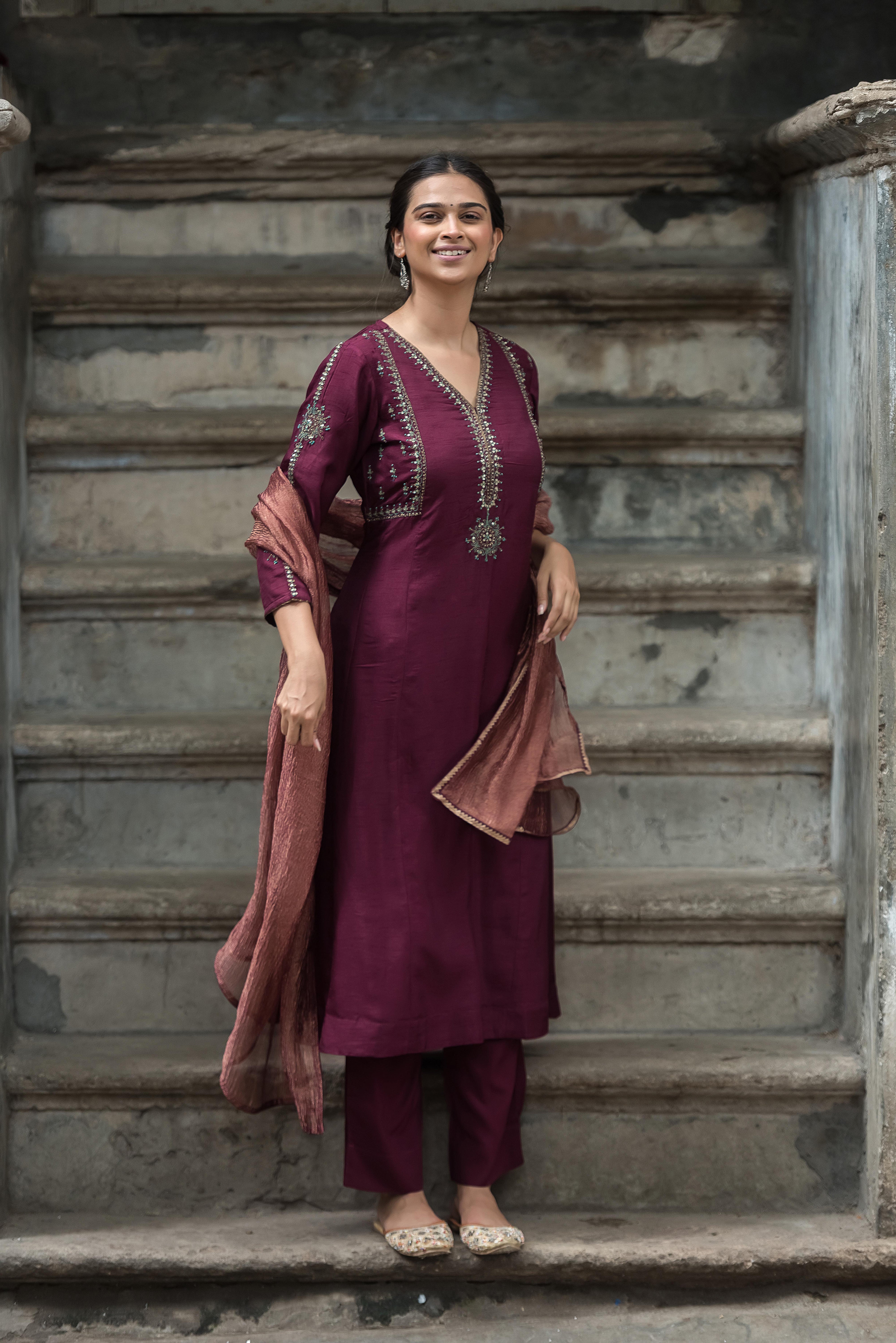 Magenta A-line Salwar Suit