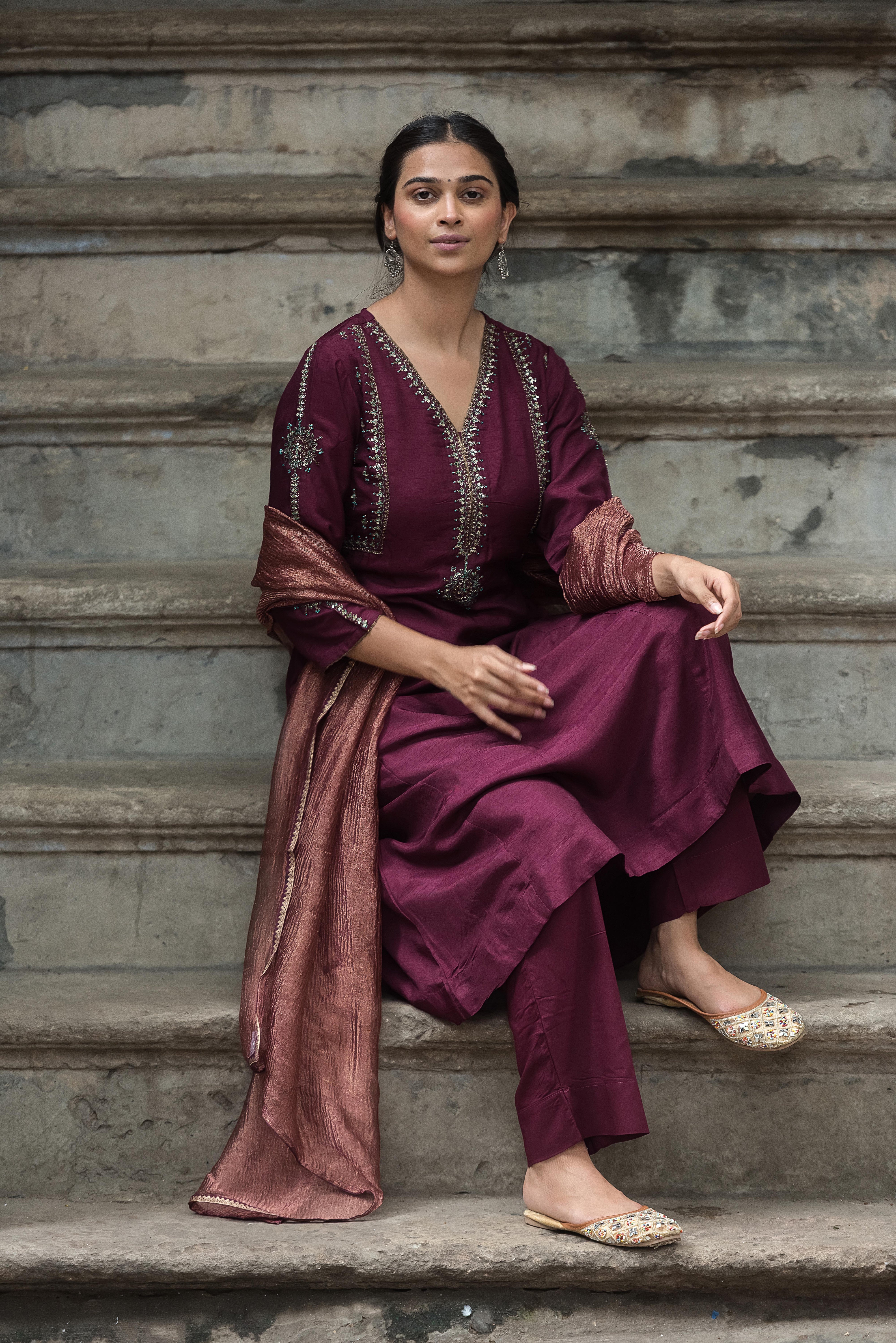 Magenta A-line Salwar Suit