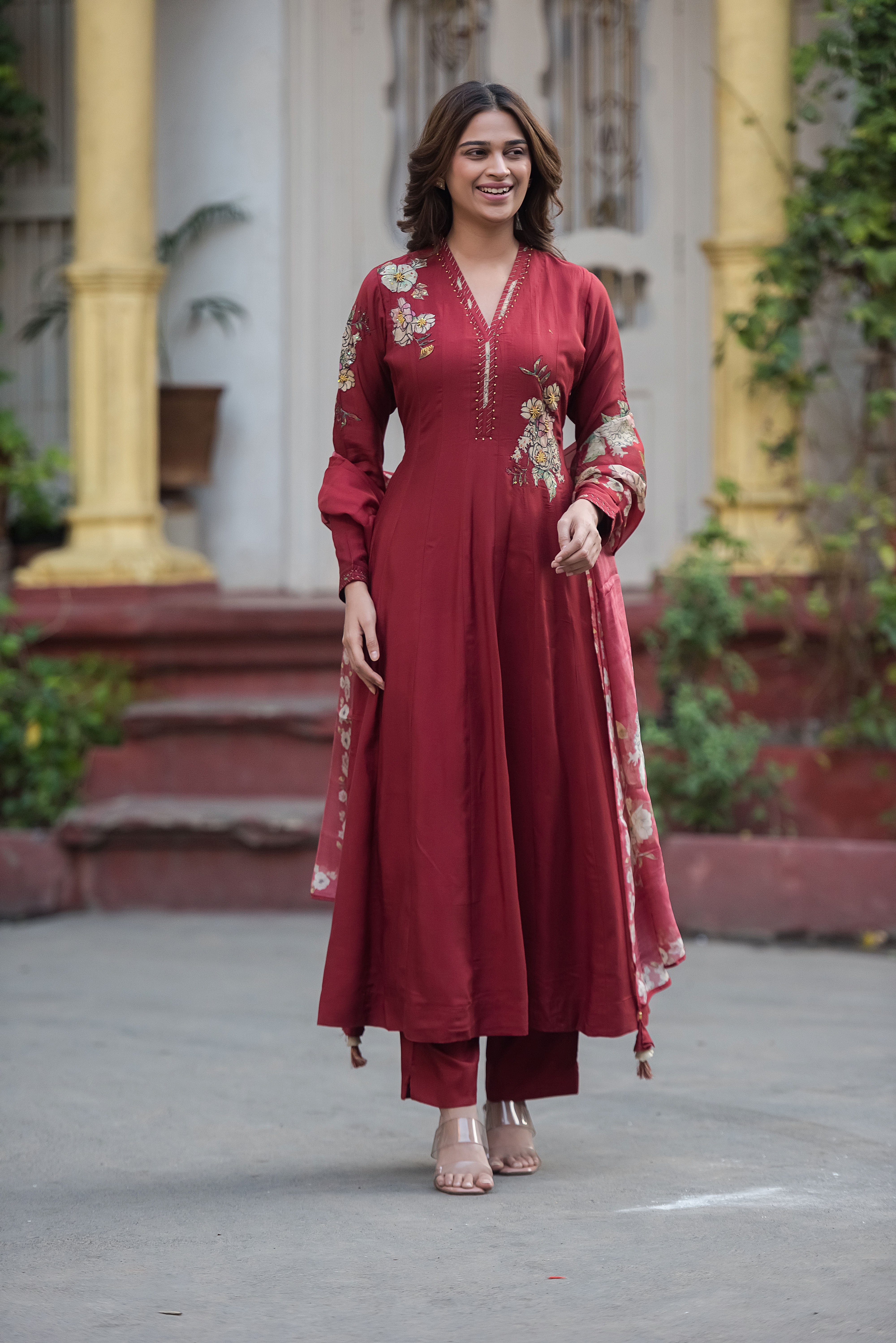 Red Flared Muslin Suit Set