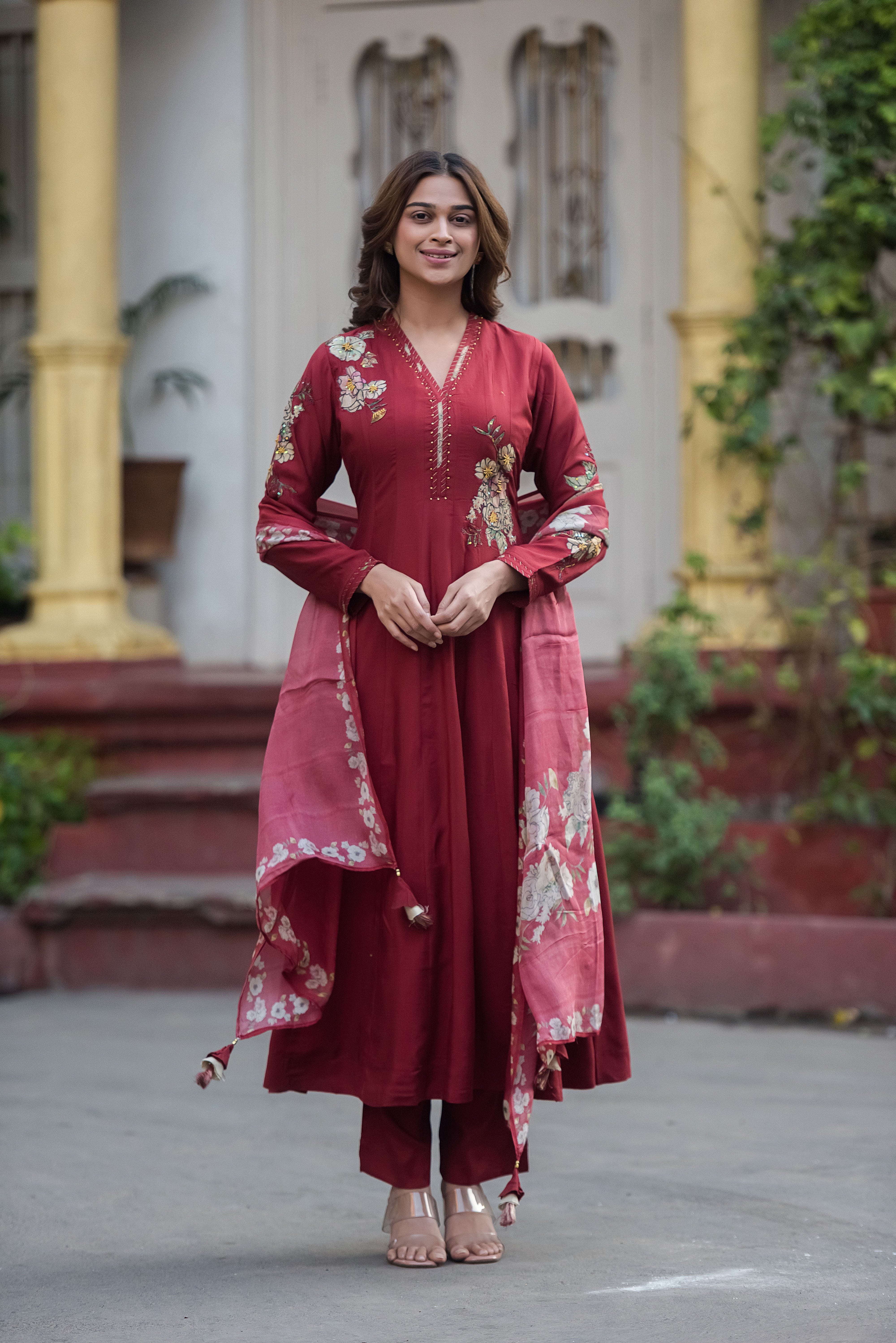 Red Flared Muslin Suit Set