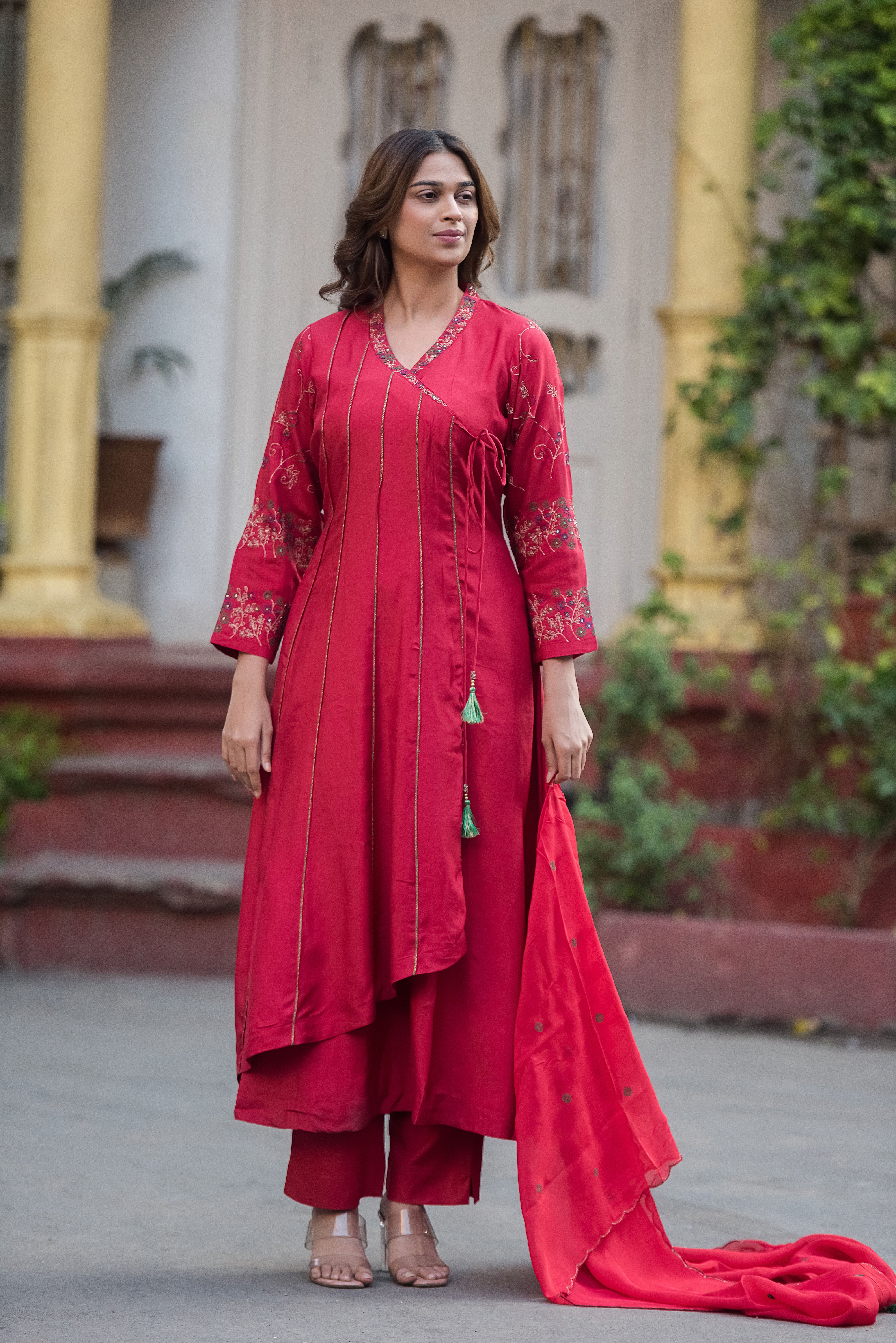 Red Flared Muslin Suit Set