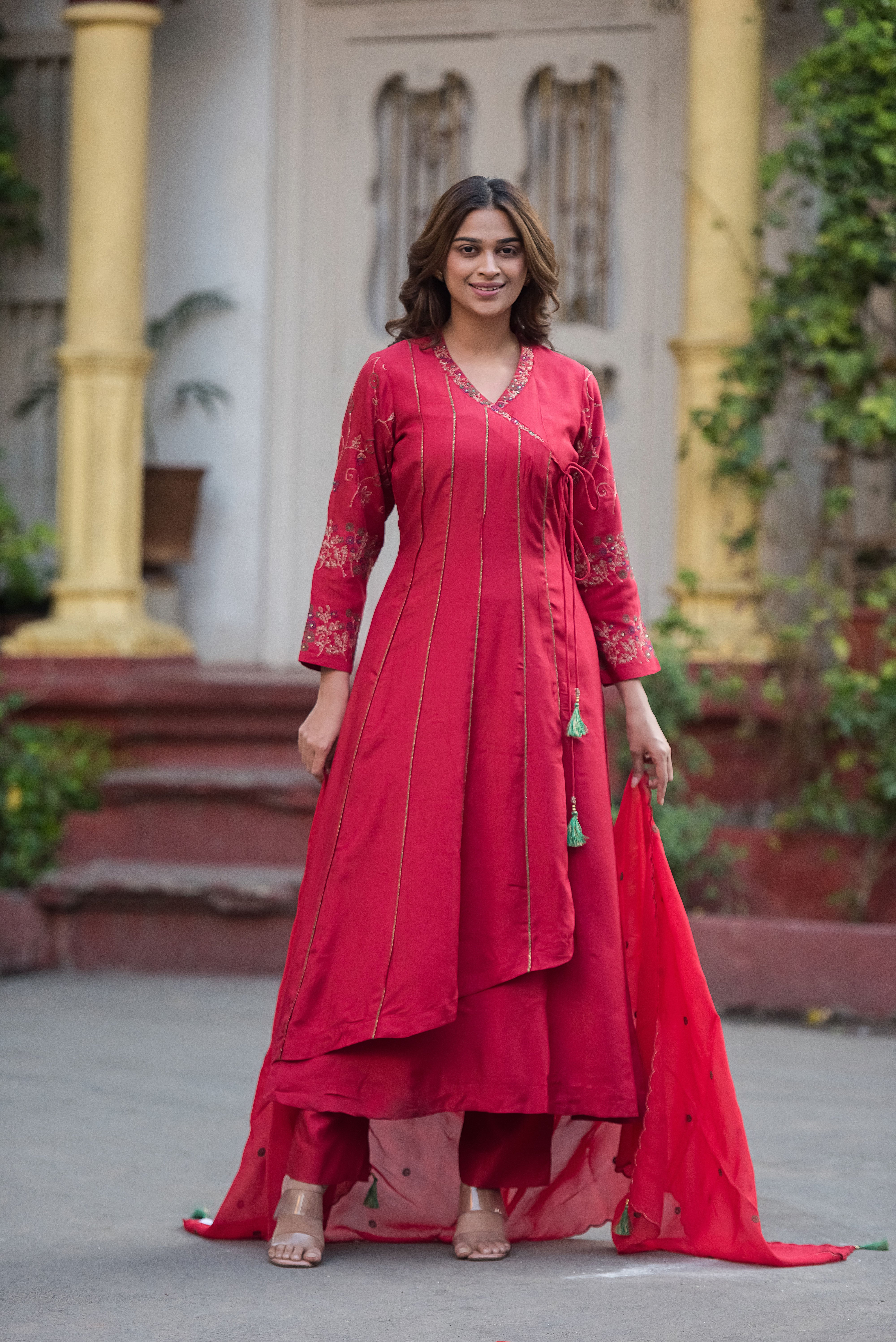 Red Flared Muslin Suit Set