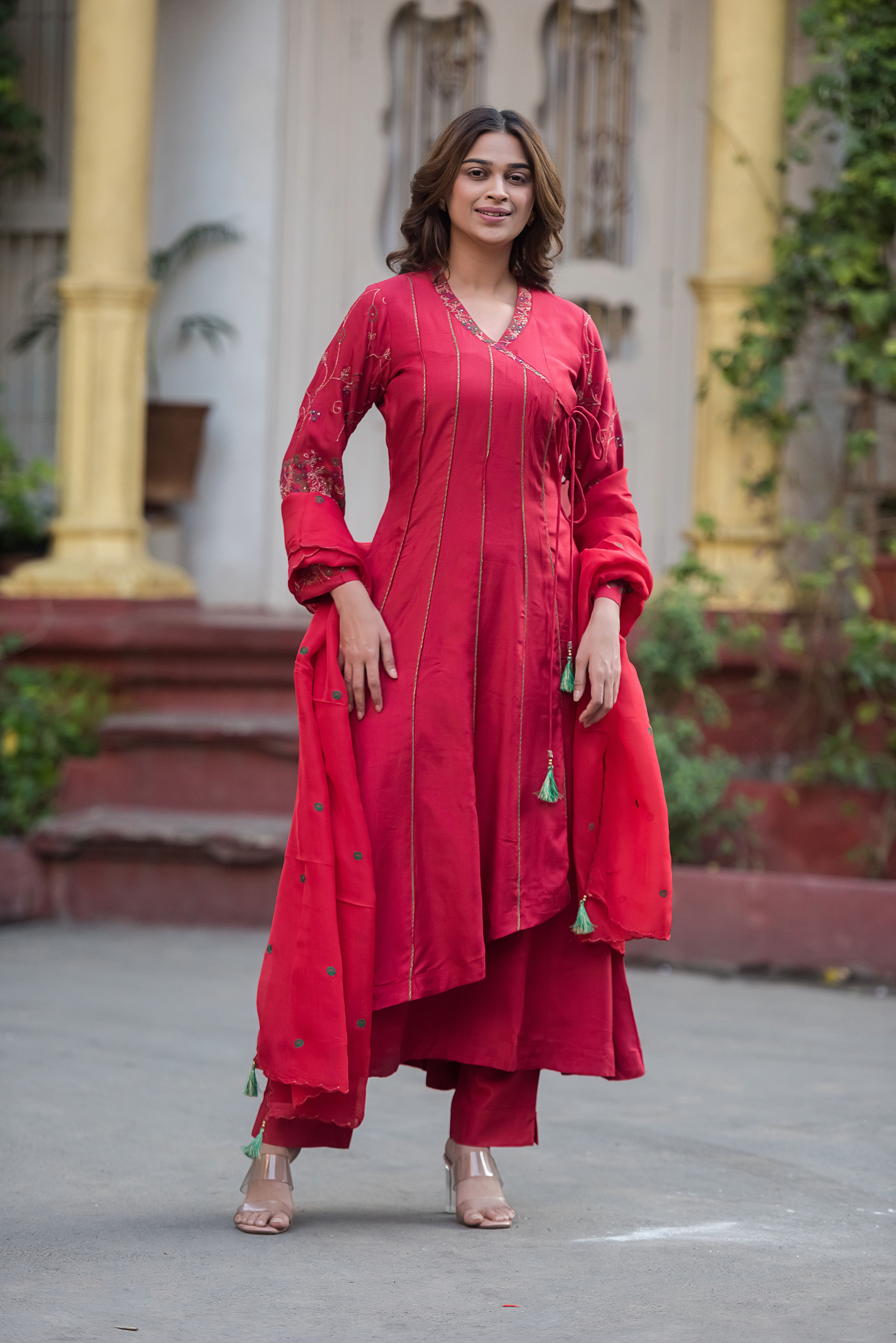 Red Flared Muslin Suit Set