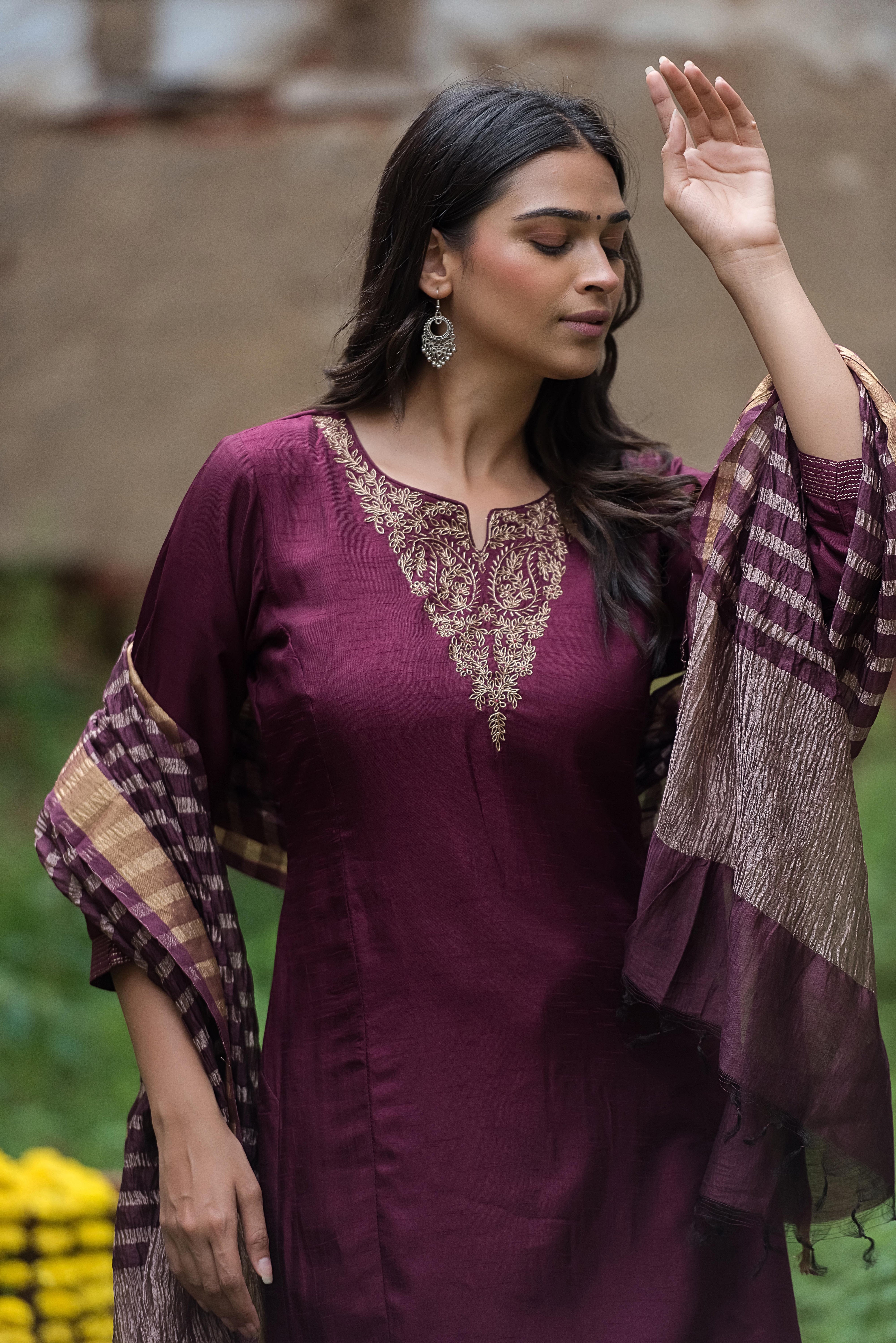 Magenta Straight Salwar Suit with Khat Details