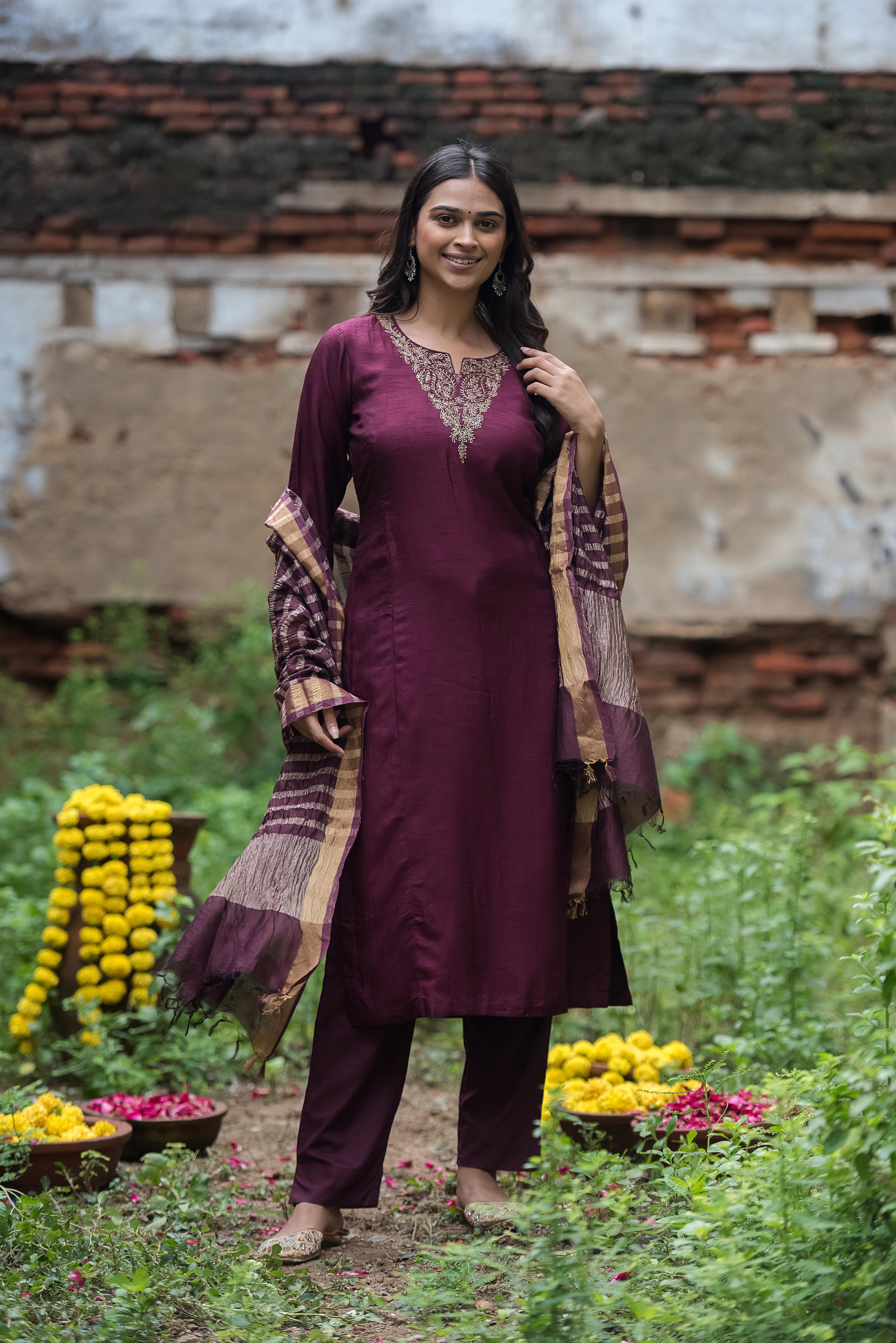 Magenta Straight Salwar Suit with Khat Details