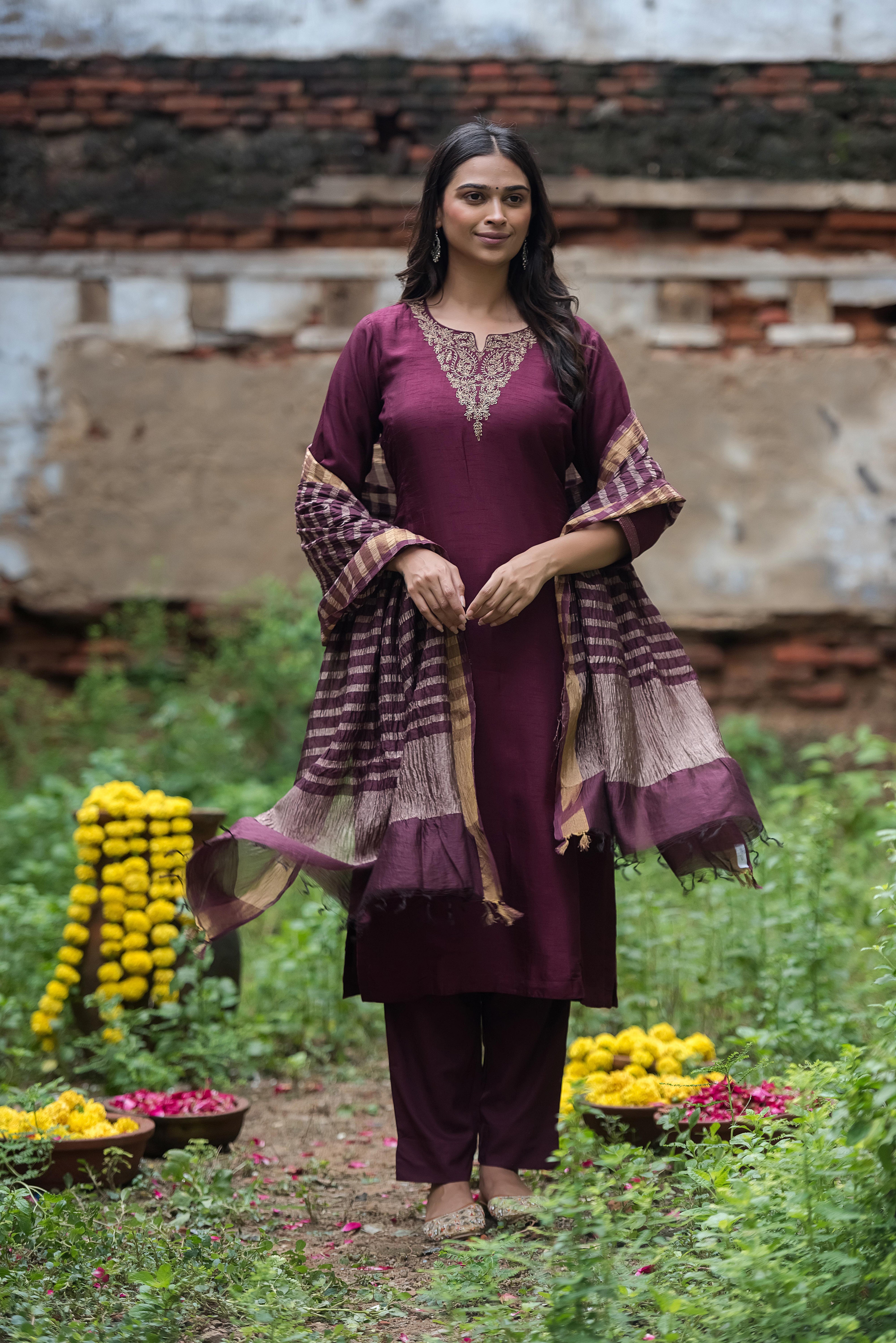 Magenta Straight Salwar Suit with Khat Details