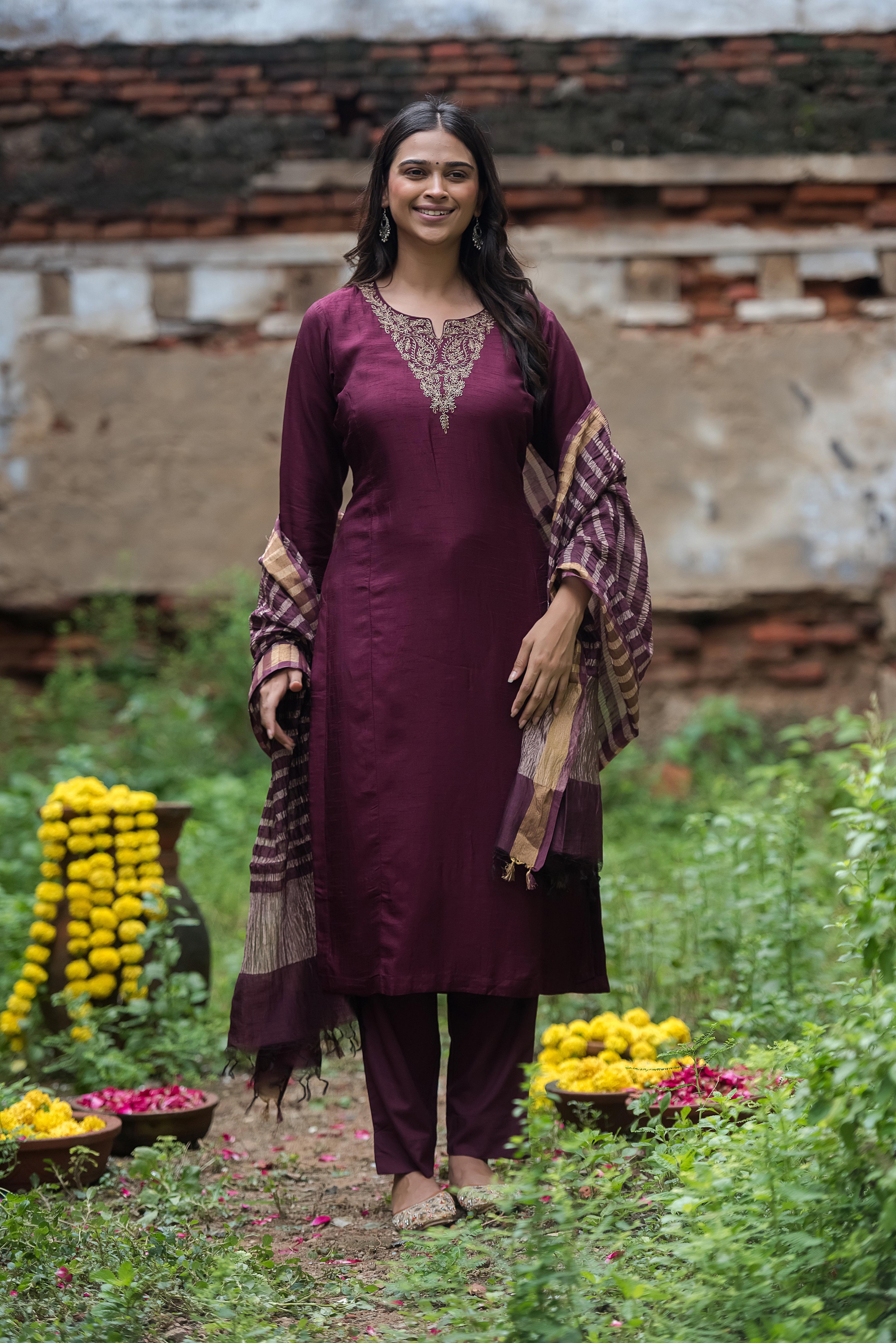 Magenta Straight Salwar Suit with Khat Details