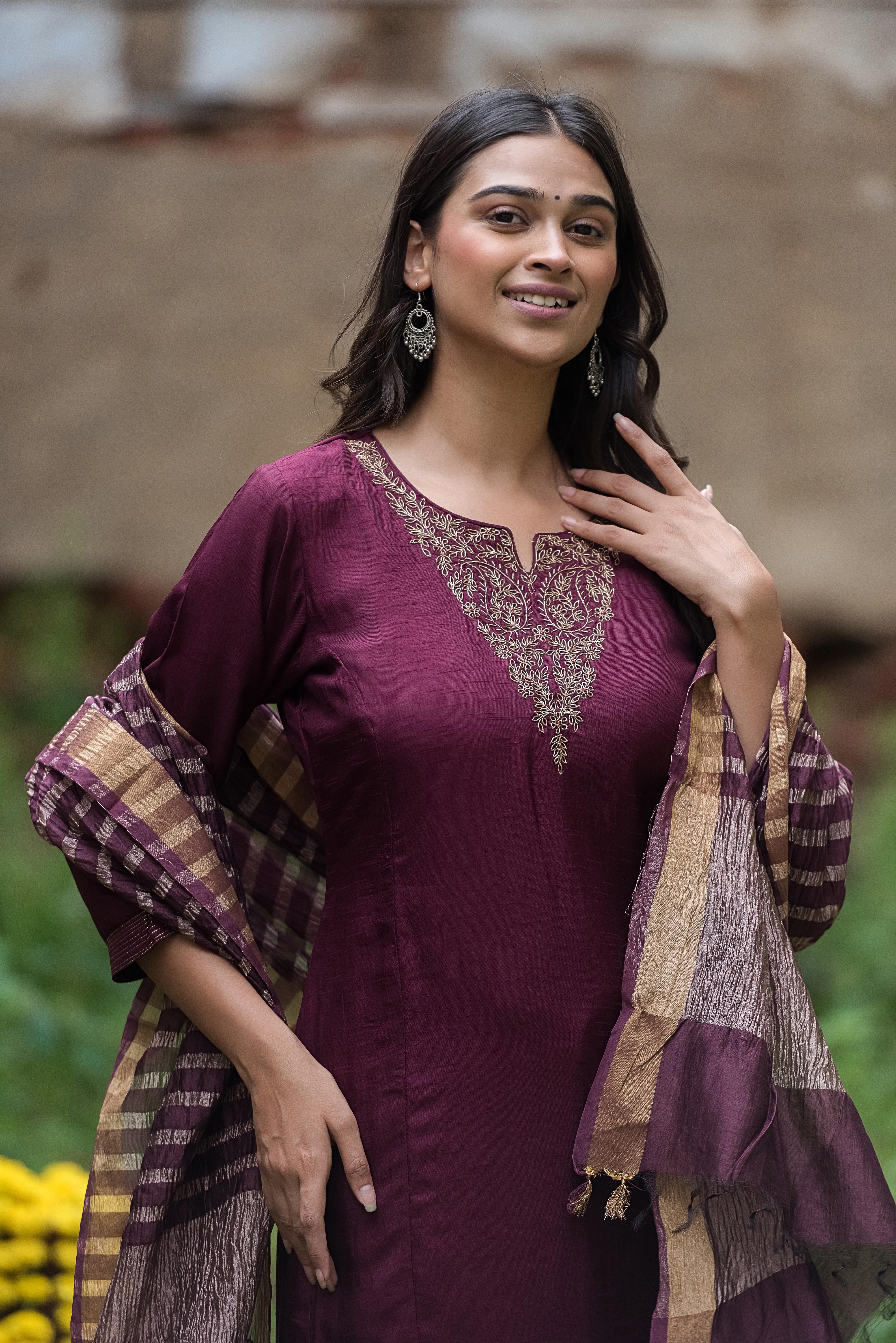 Magenta Straight Salwar Suit with Khat Details