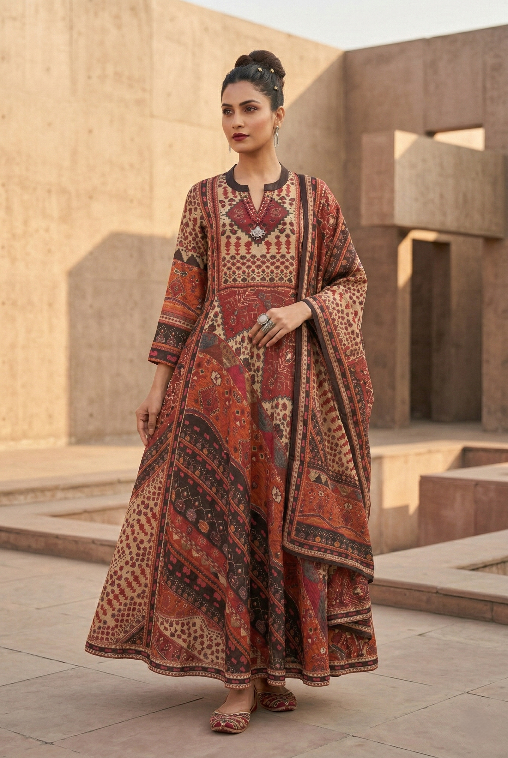 Red Muslin Aline Suit Set