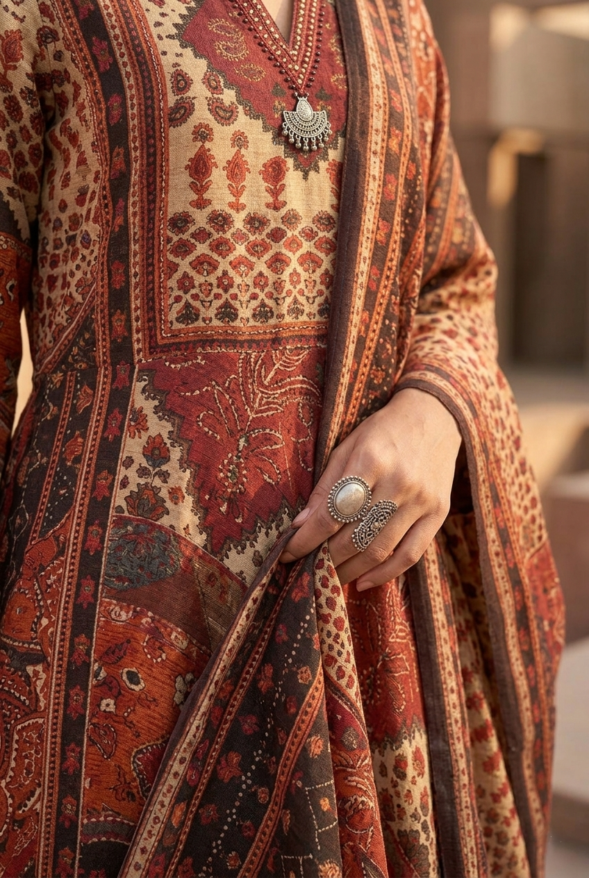 Red Muslin Aline Suit Set