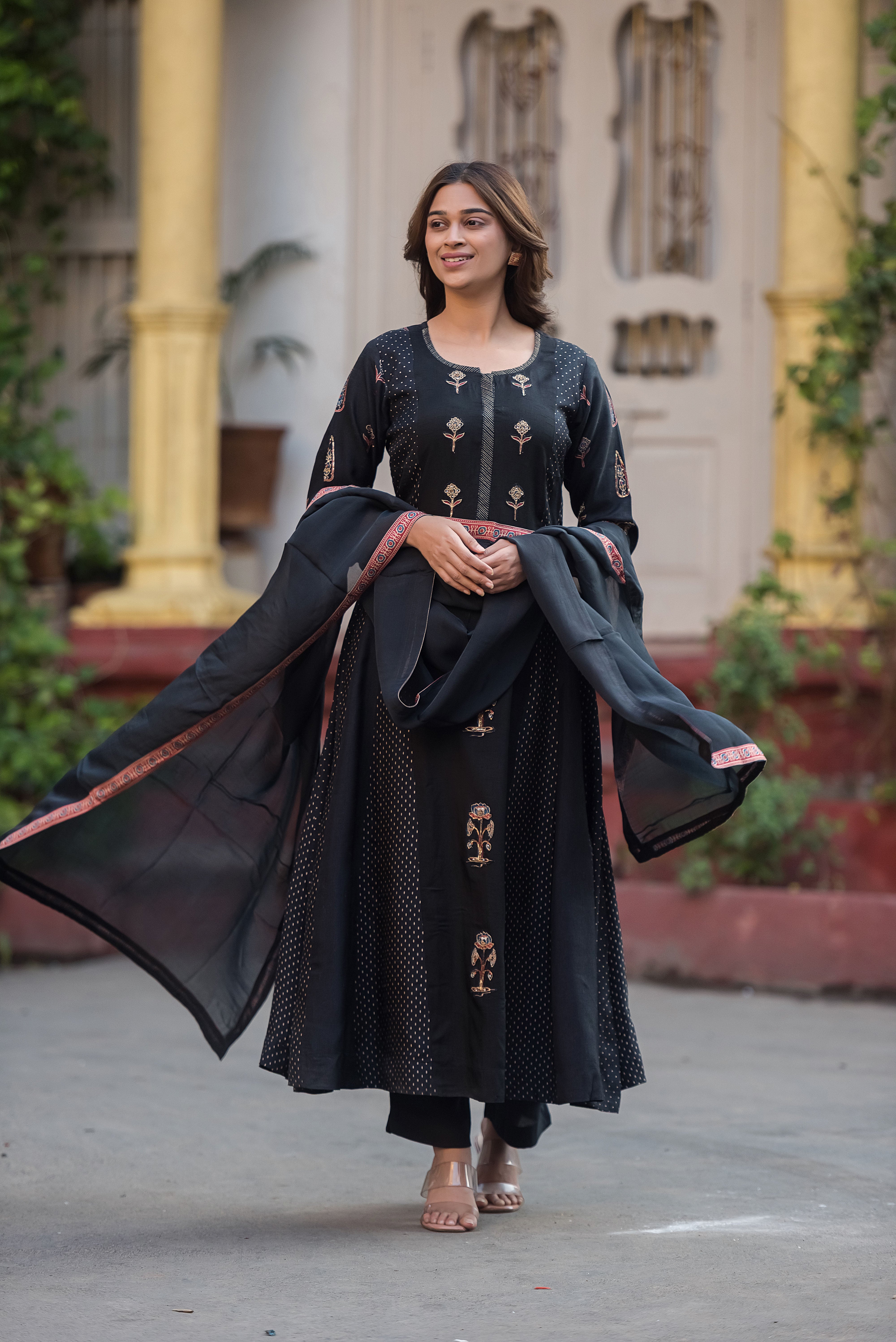 Rich Dola Silk Black Flared Suit Set