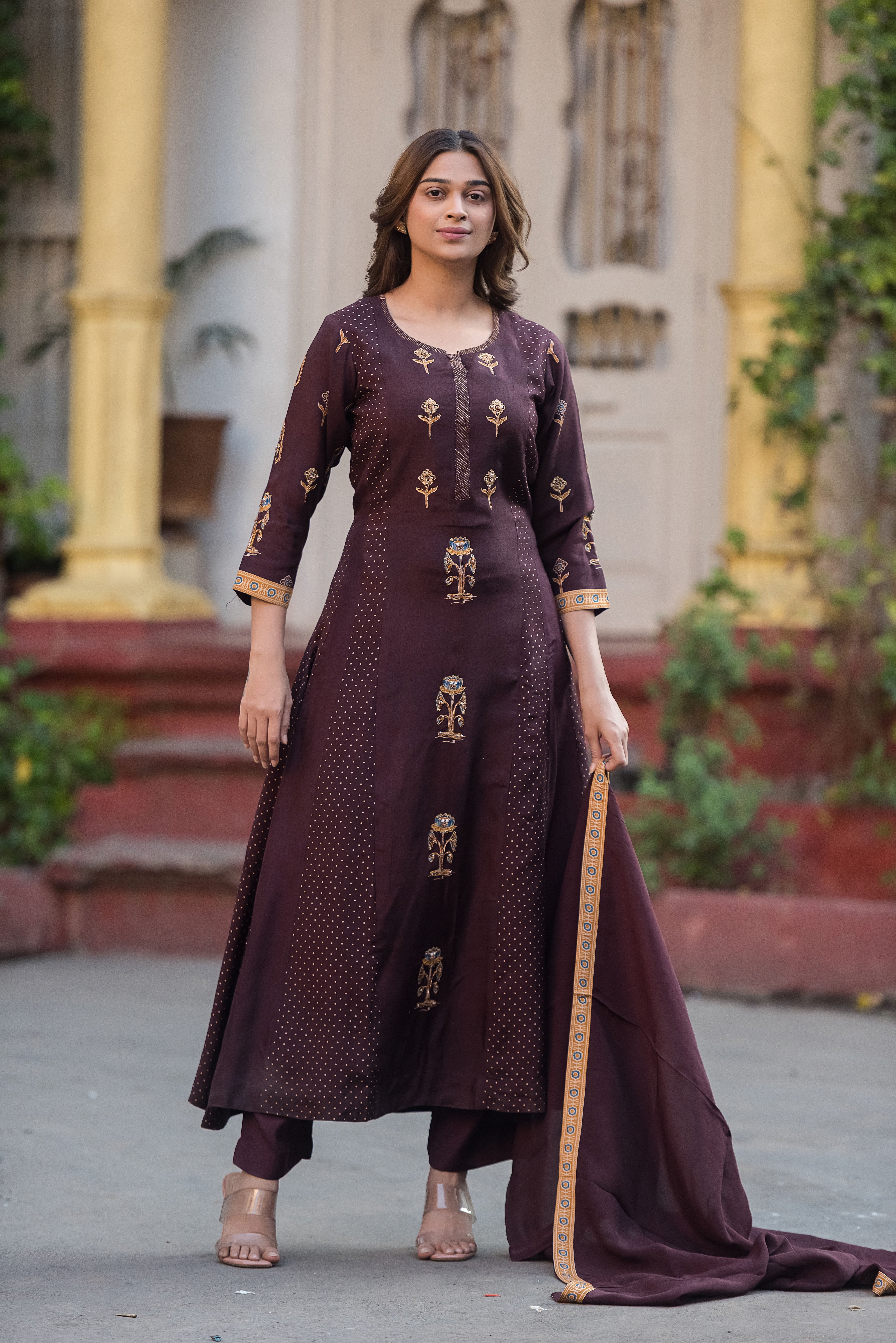 Dola Silk Coffee Flared Suit Set