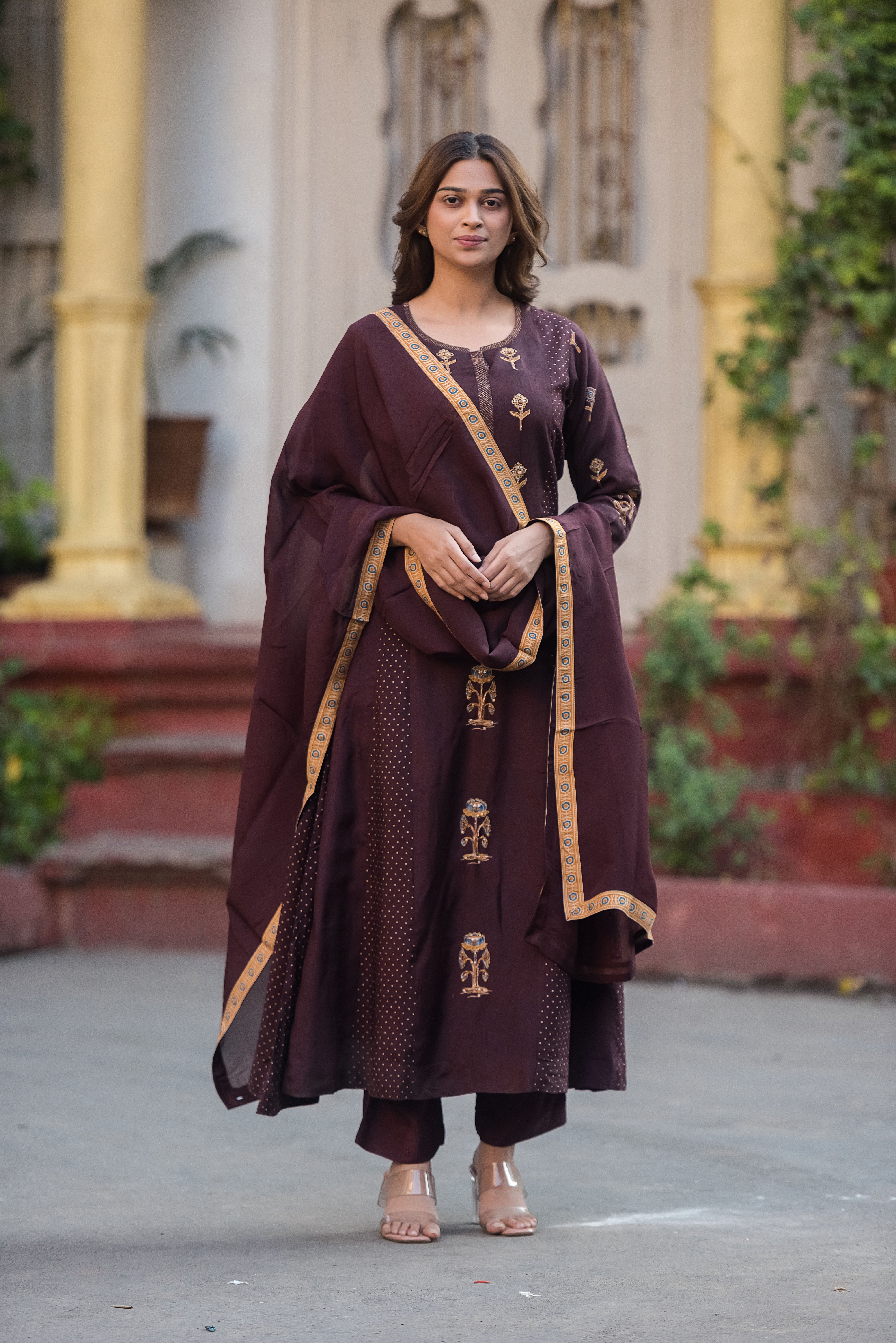 Dola Silk Coffee Flared Suit Set
