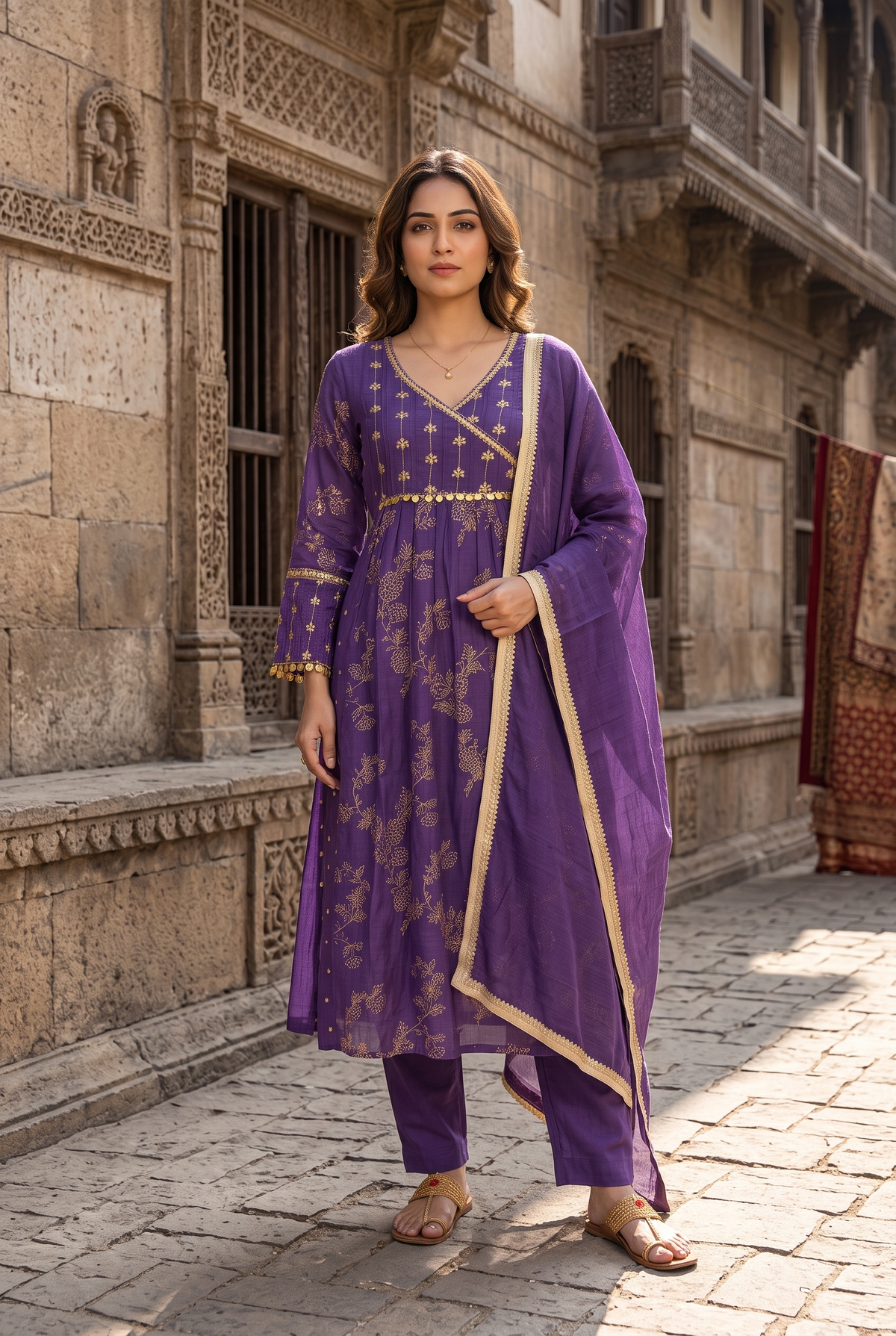Purple Mal Chanderi Anarkali Salwar Suit Set