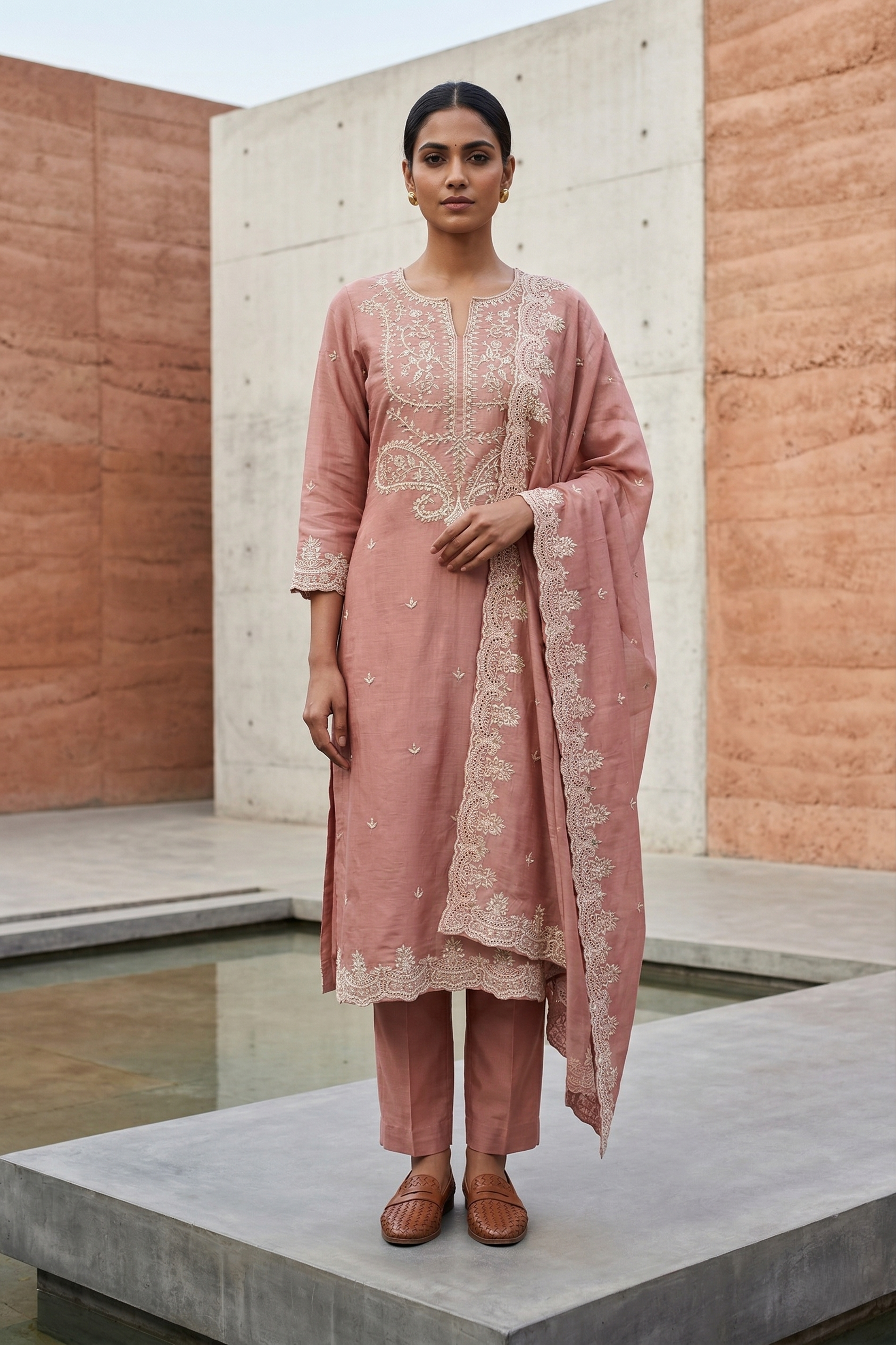 Chanderi Peach Straight Suit Set