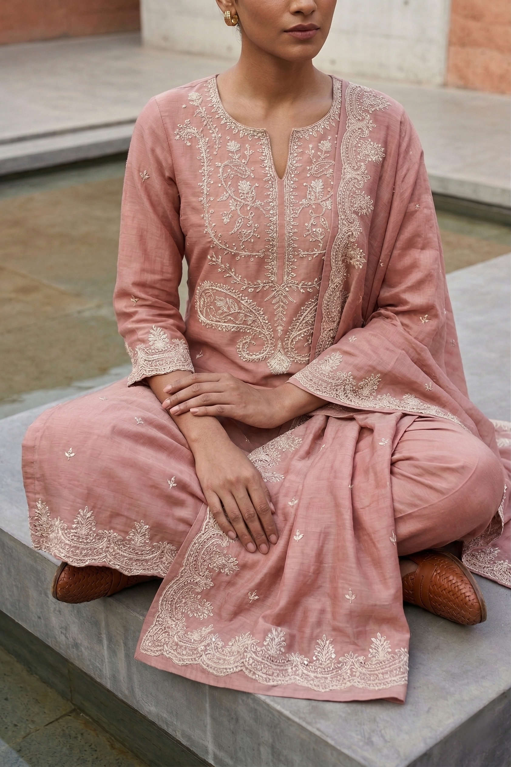 Chanderi Peach Straight Suit Set