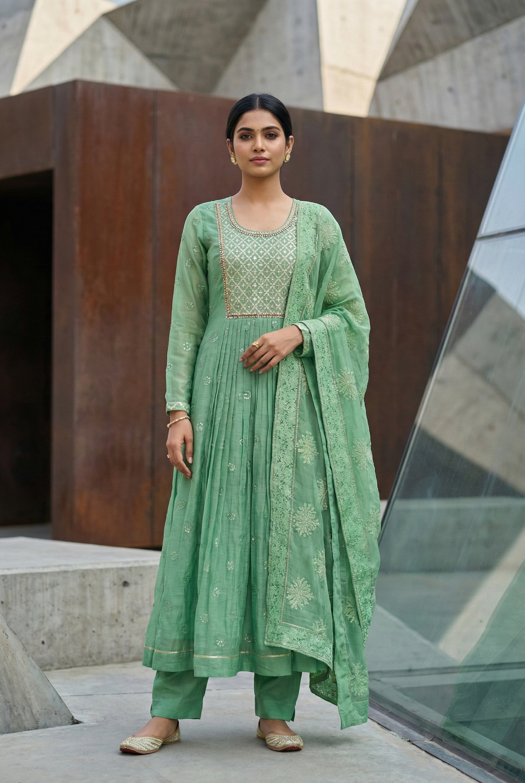Pastel Green Mal Chanderi Suit Set