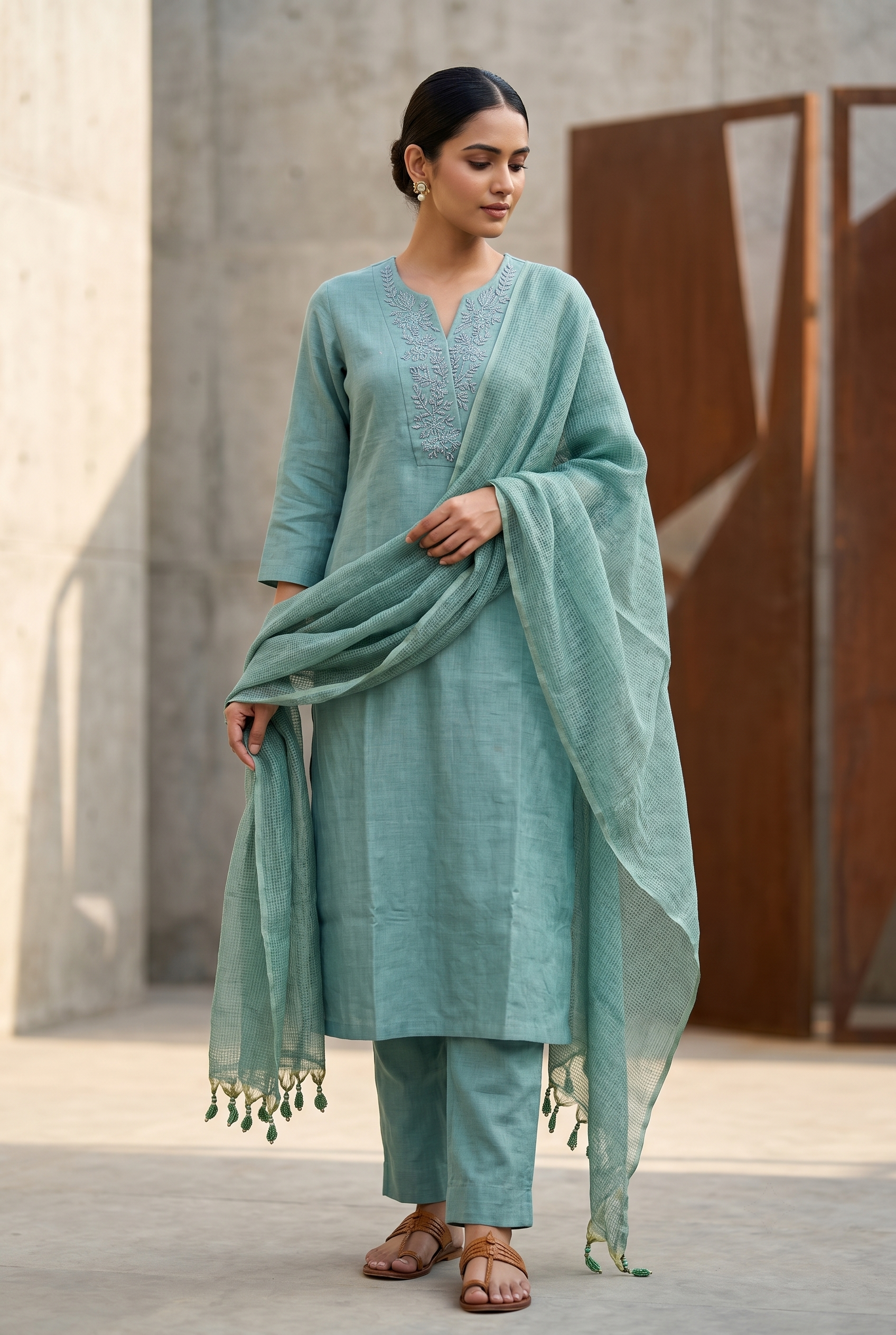 Sky Blue Linen Badla Work Suit Set