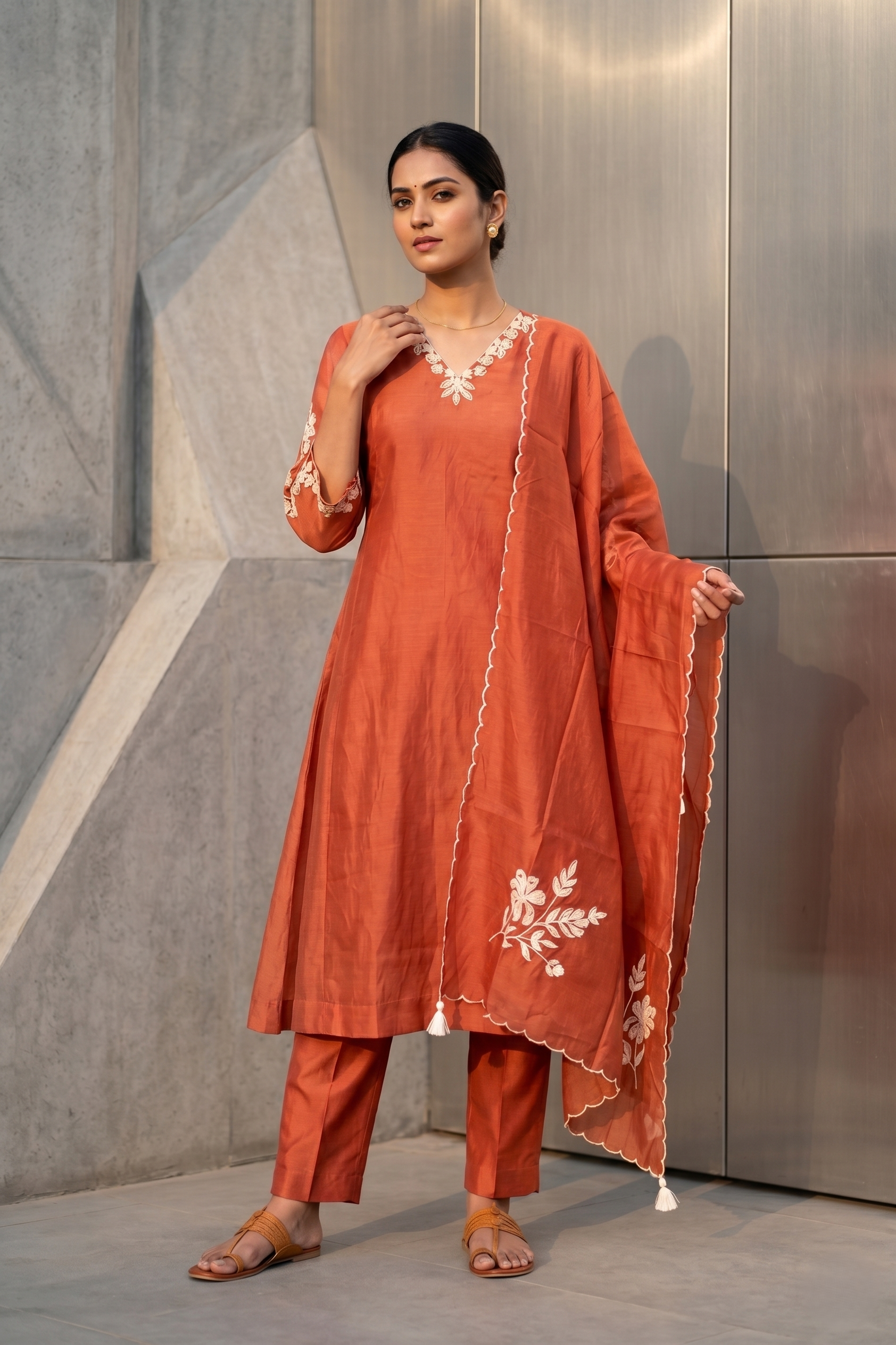 Rust Mal Chanderi Straight Suit Set