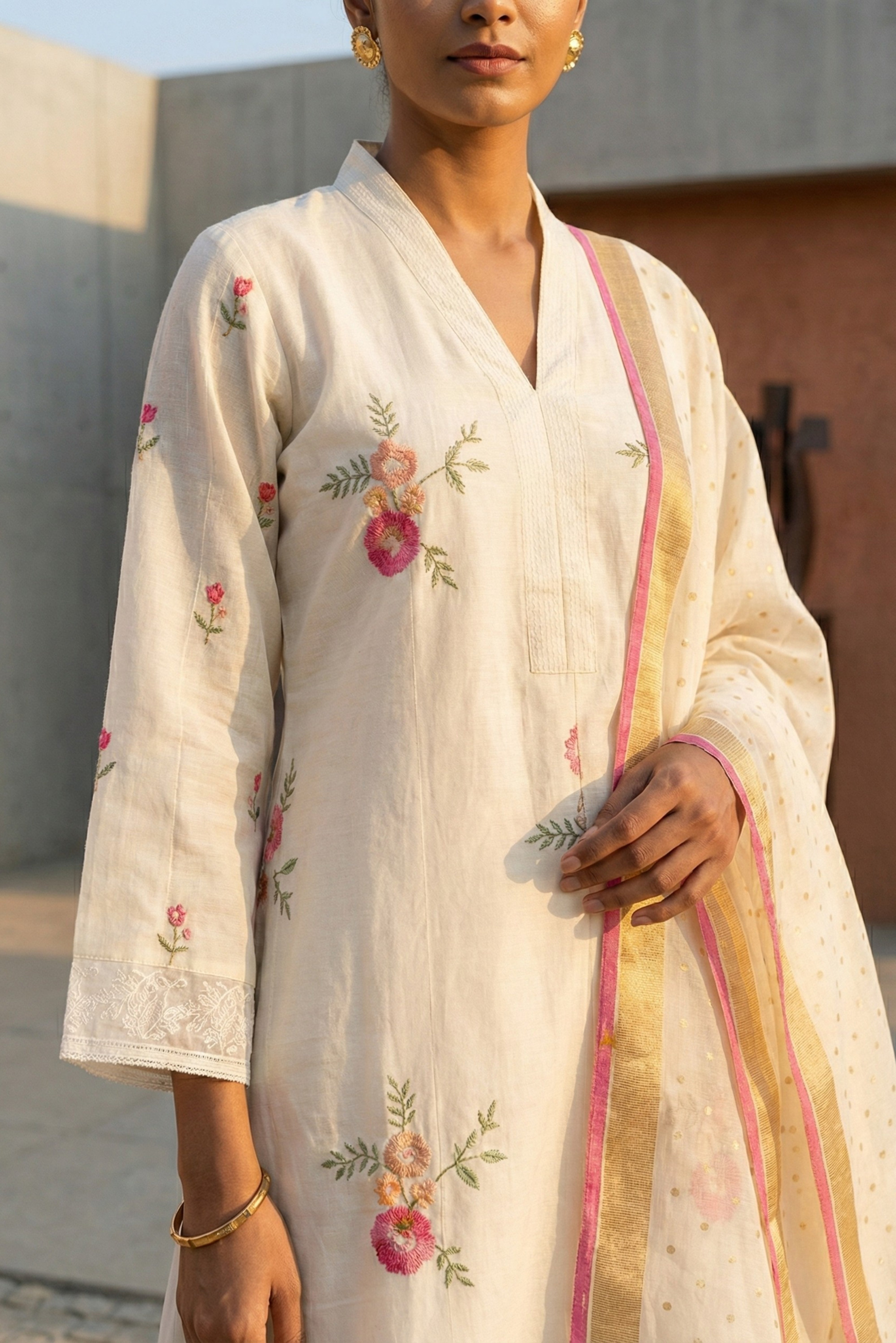 Off_White Chanderi A-Line Suit Set