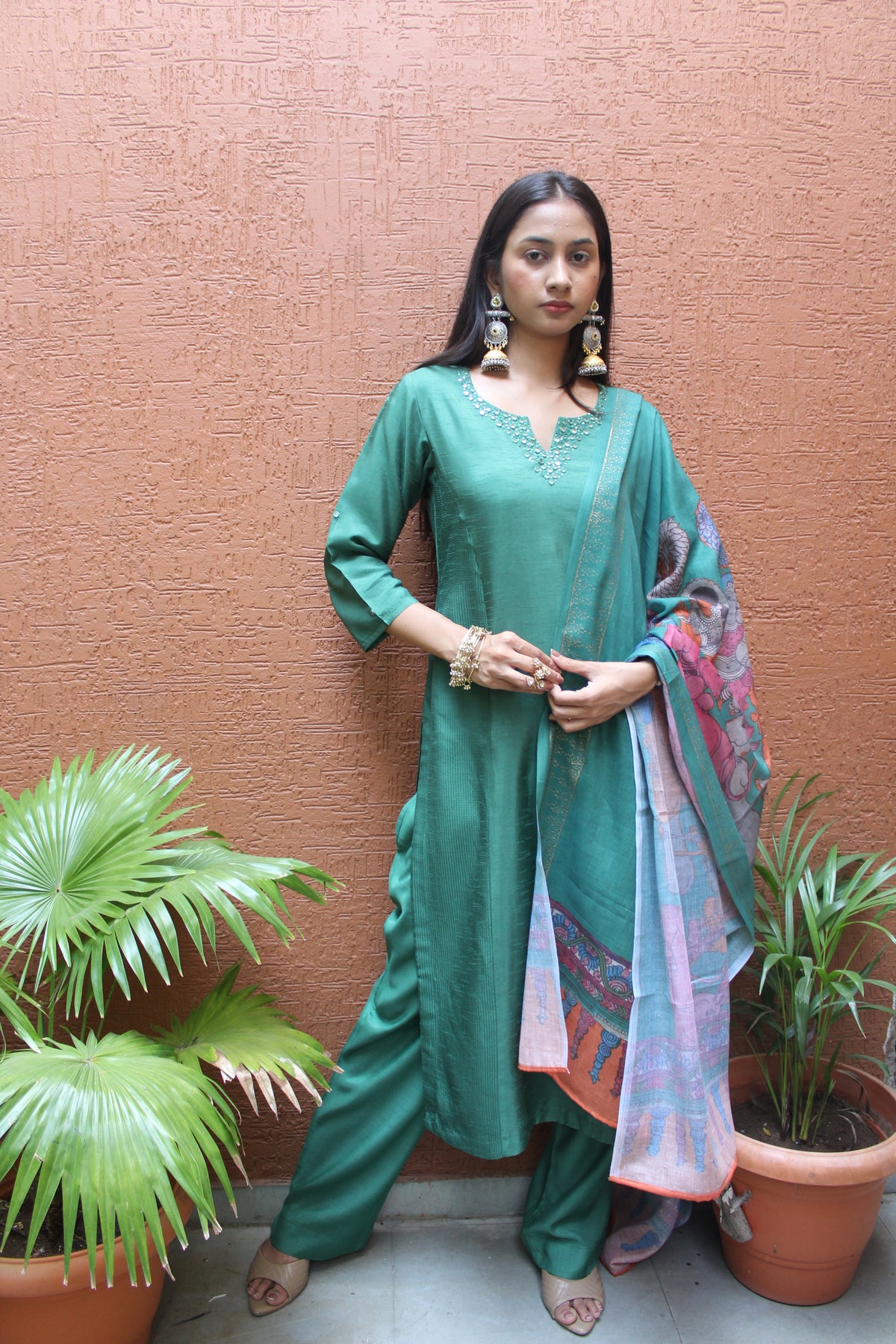 Green Silk Cotton Straight Suit Set