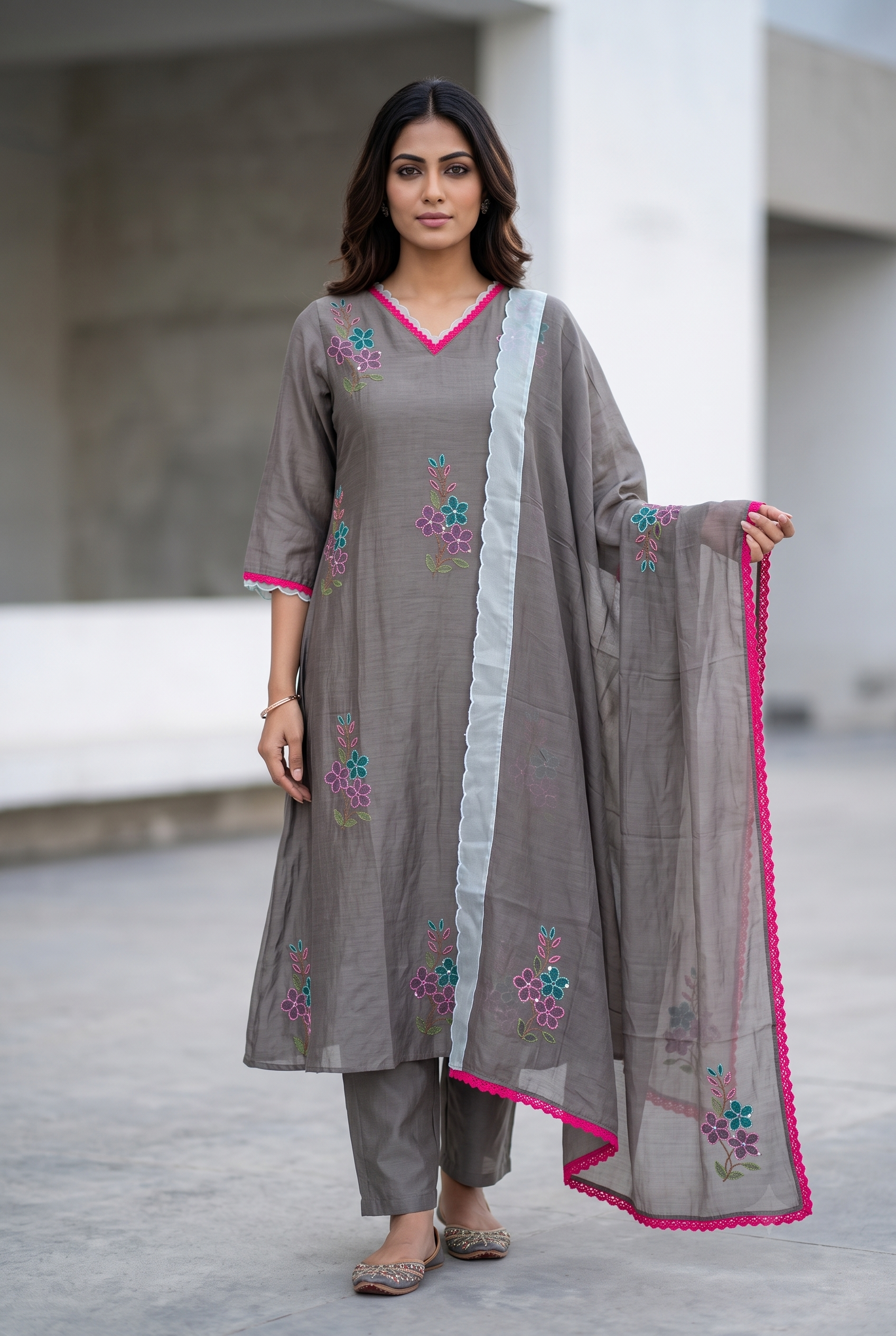 Brown Mal Chanderi A-line Salwar Suit