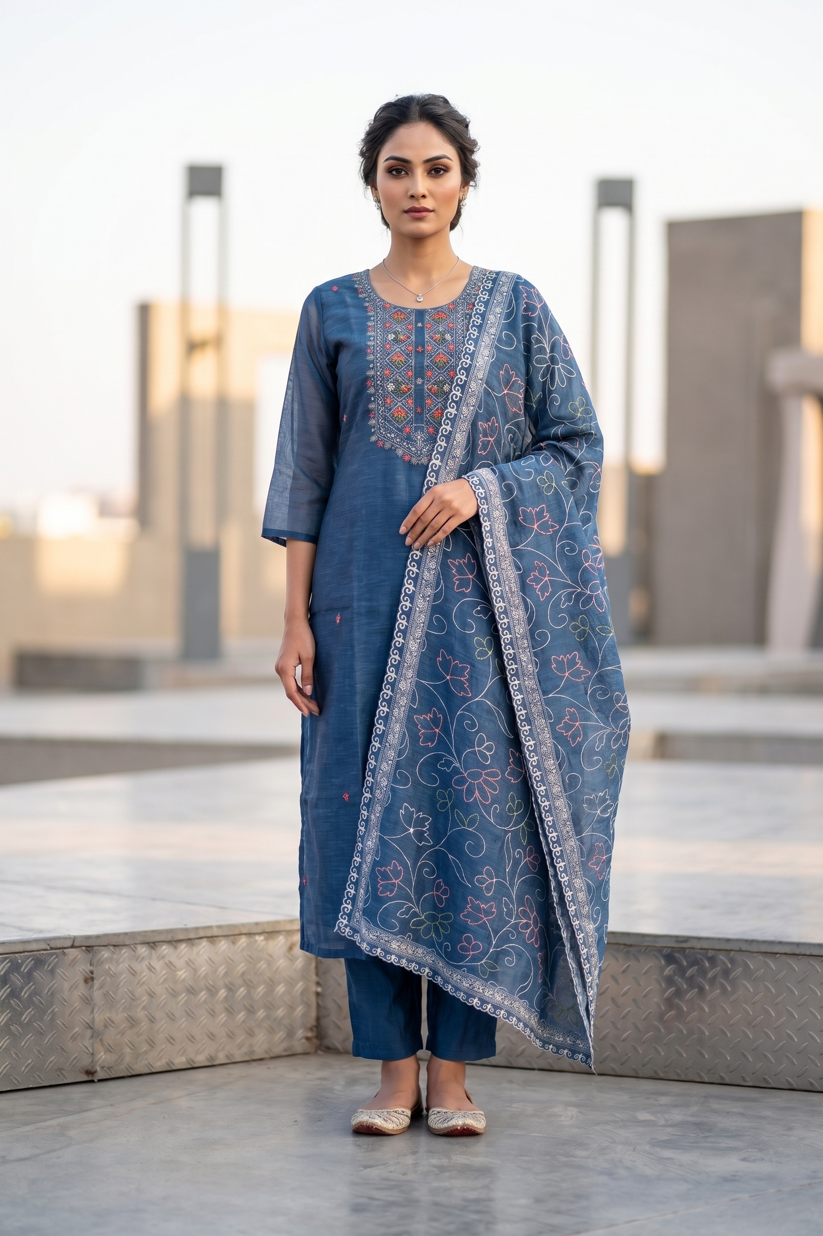 Elegant Blue Poly Mal Chanderi Straight Salwar Suit