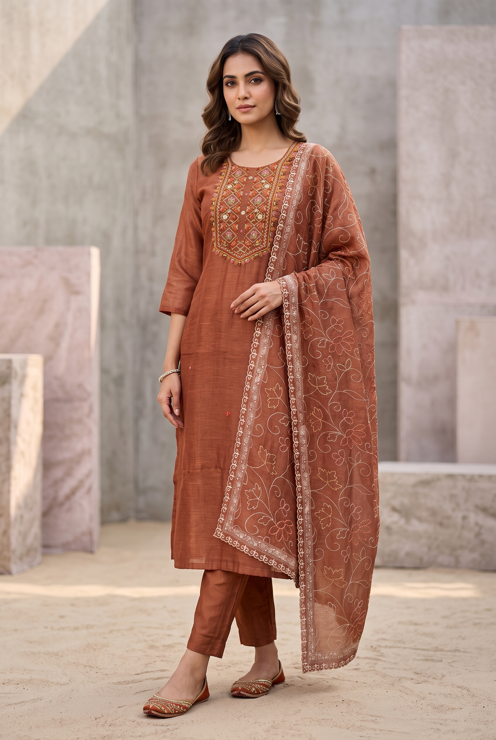 Radiant Rust Poly Mal Chanderi Straight Salwar Suit