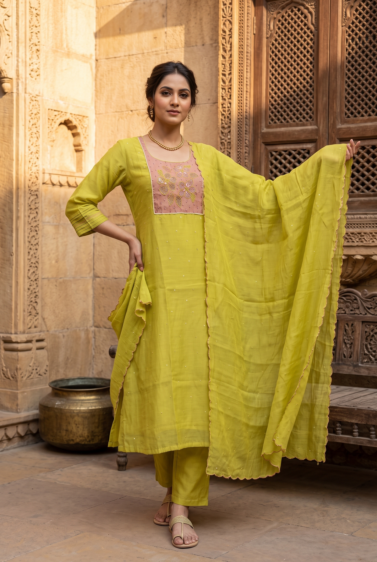 Mustered poly mal chanderi straight festive salwar suit