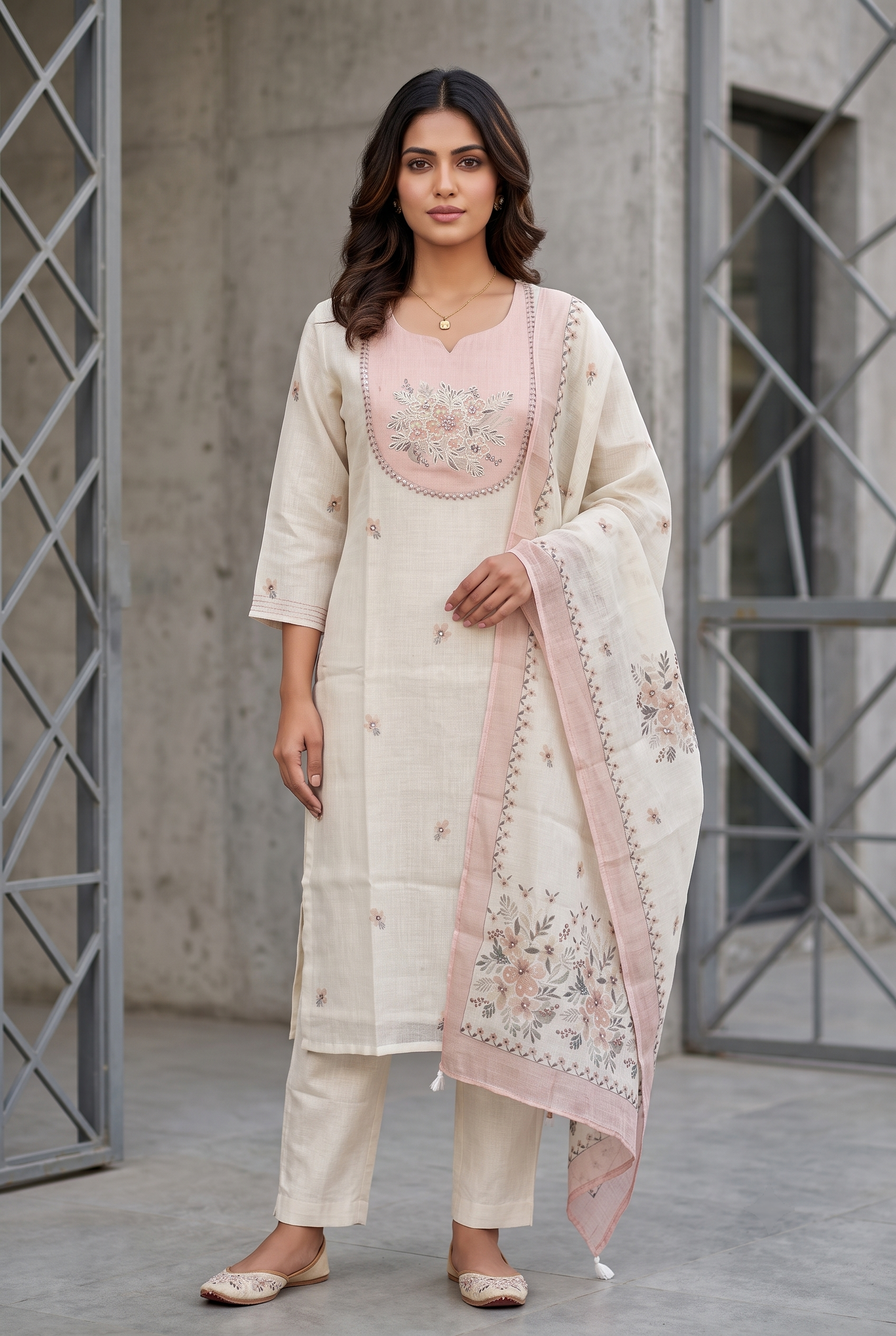 Cream Poly Linen Straight Salwar Suit