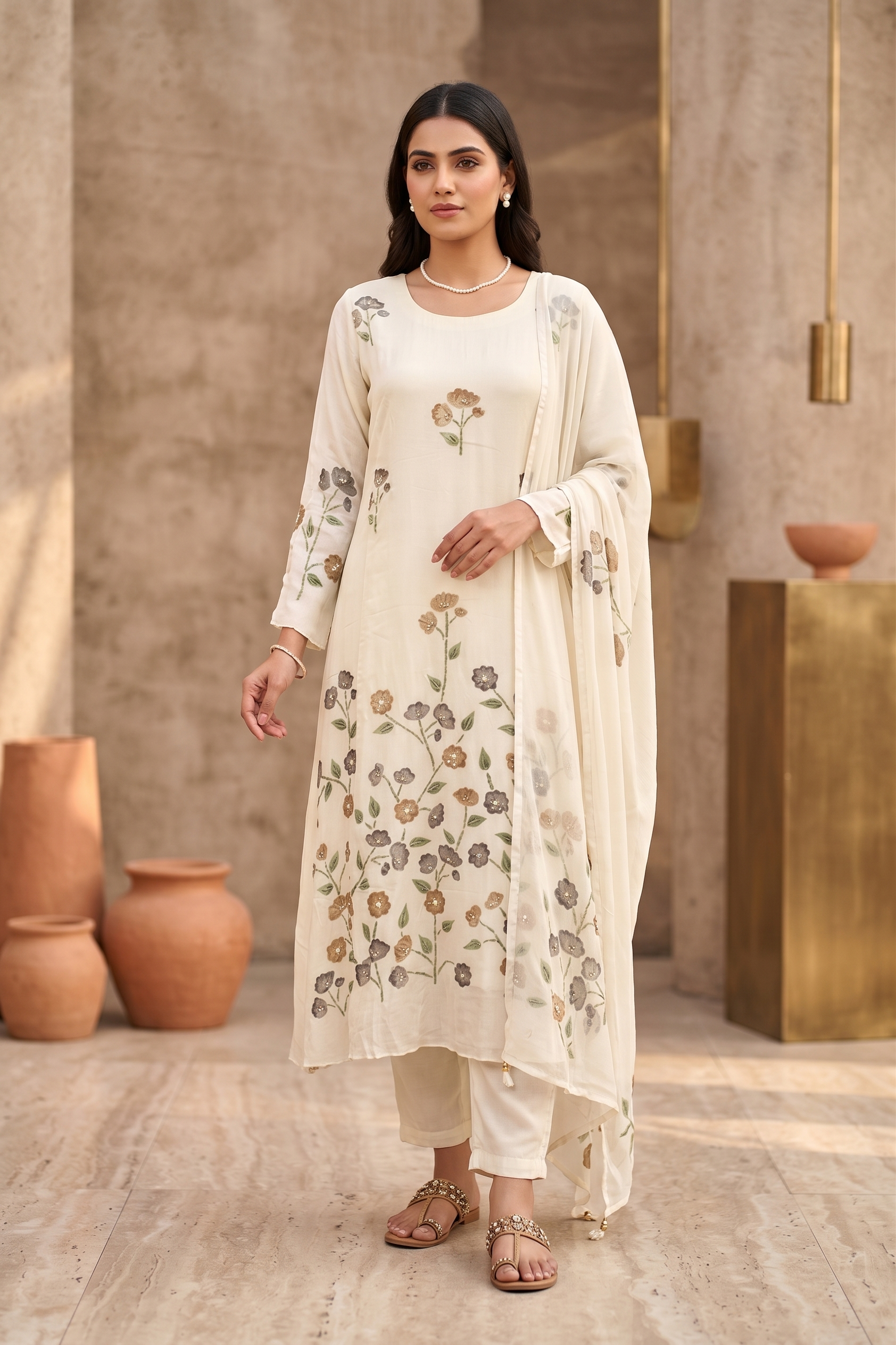 Cream Chinon A-Line Suit Set