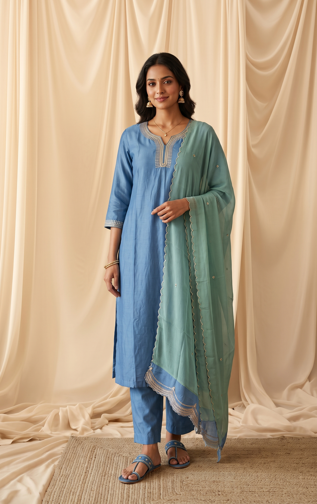 Blue Mal Chanderi Straight Suit Set