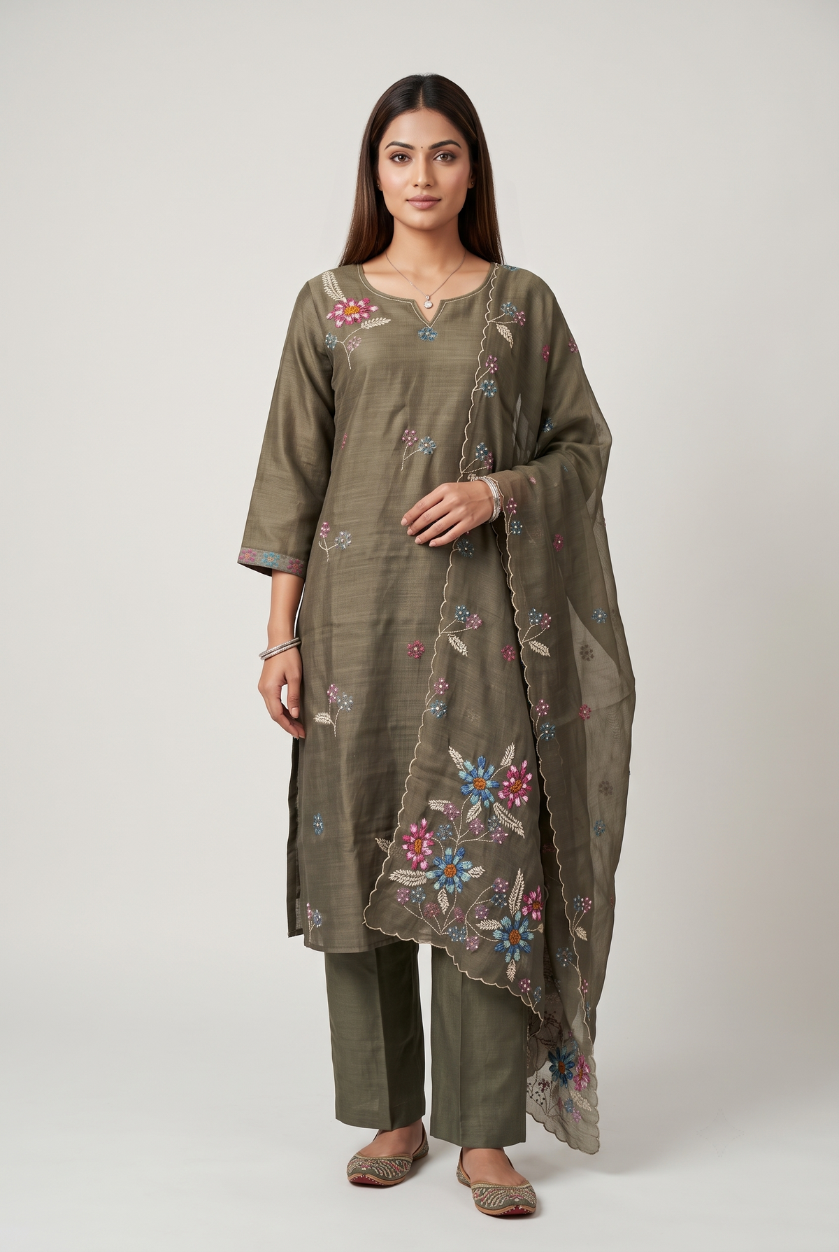 Mehandi  Semi-Linen  Straight Salwar Suit Set