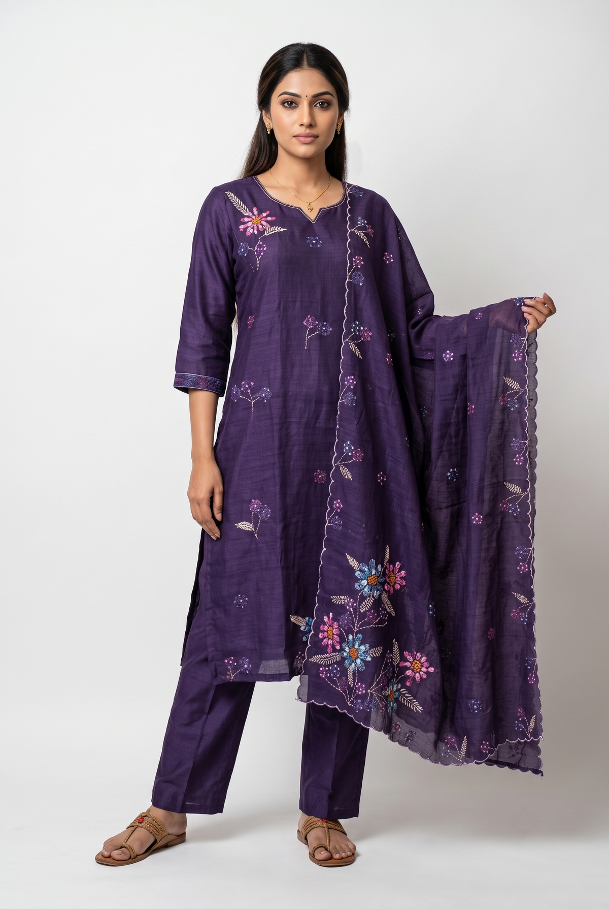 Purple  Semi-Linen  Straight Salwar Suit Set