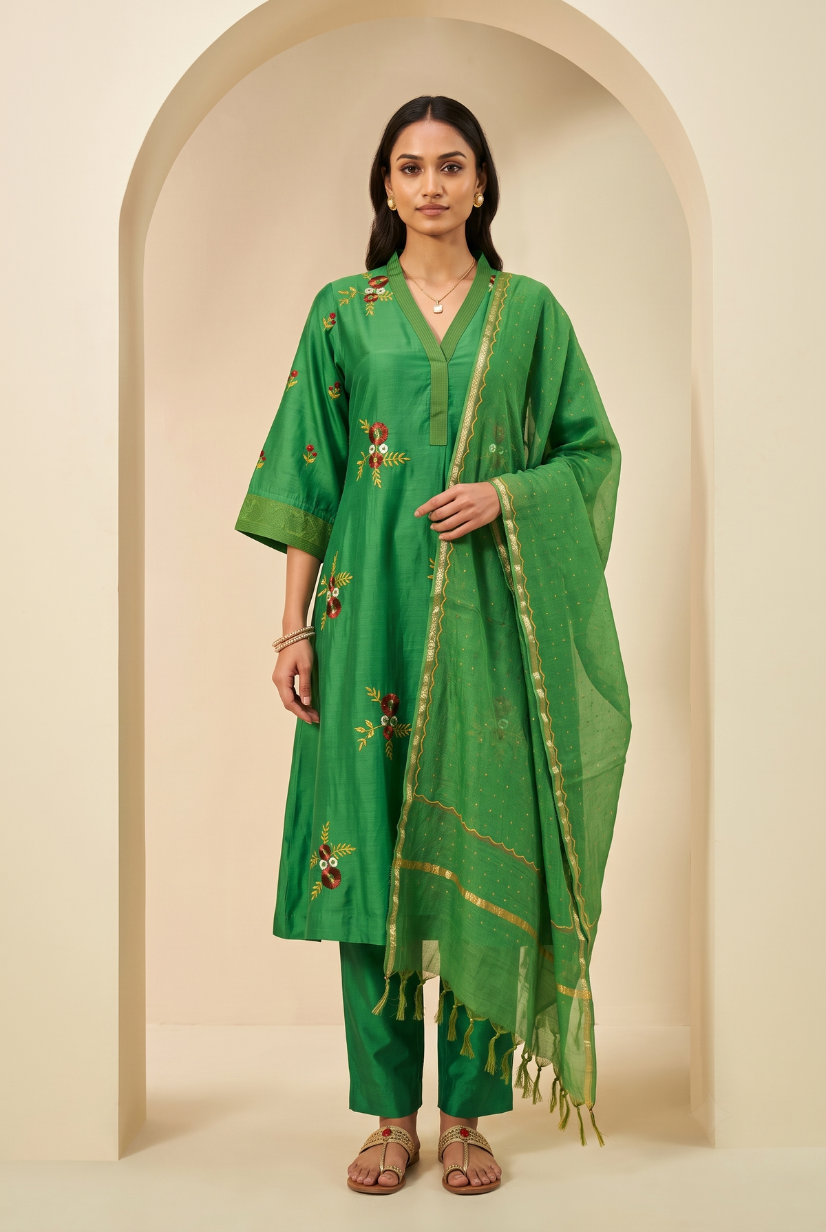 Elegant Bottle Green Chanderi A-line Salwar Suit