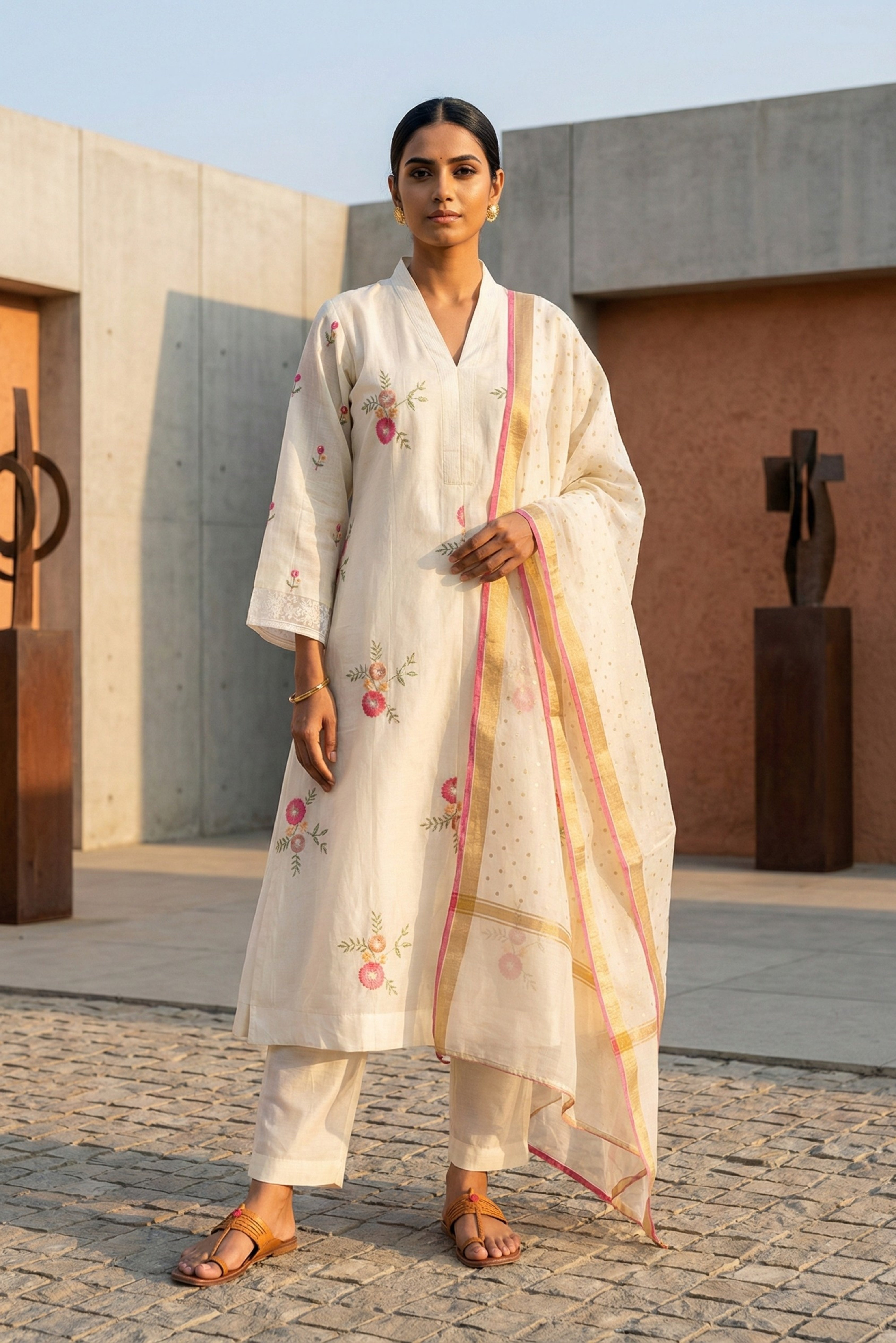 Off_White Chanderi A-Line Suit Set