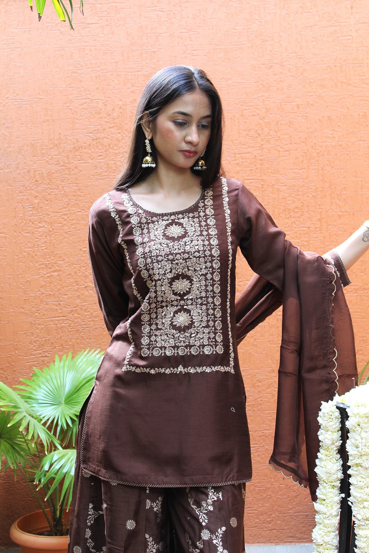 Brown Dola Silk Apple Straight Suit Set