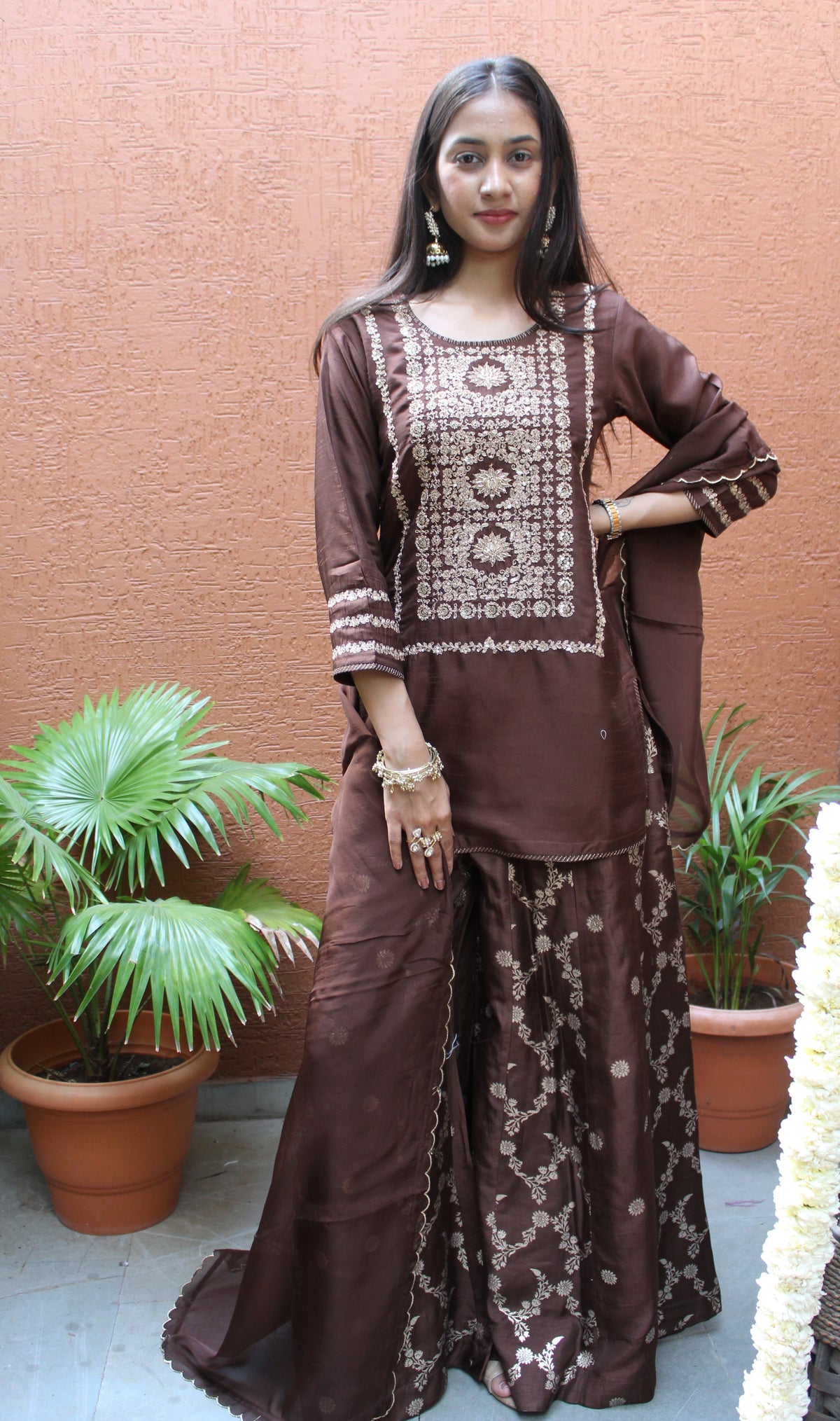 Brown Dola Silk Apple Straight Suit Set