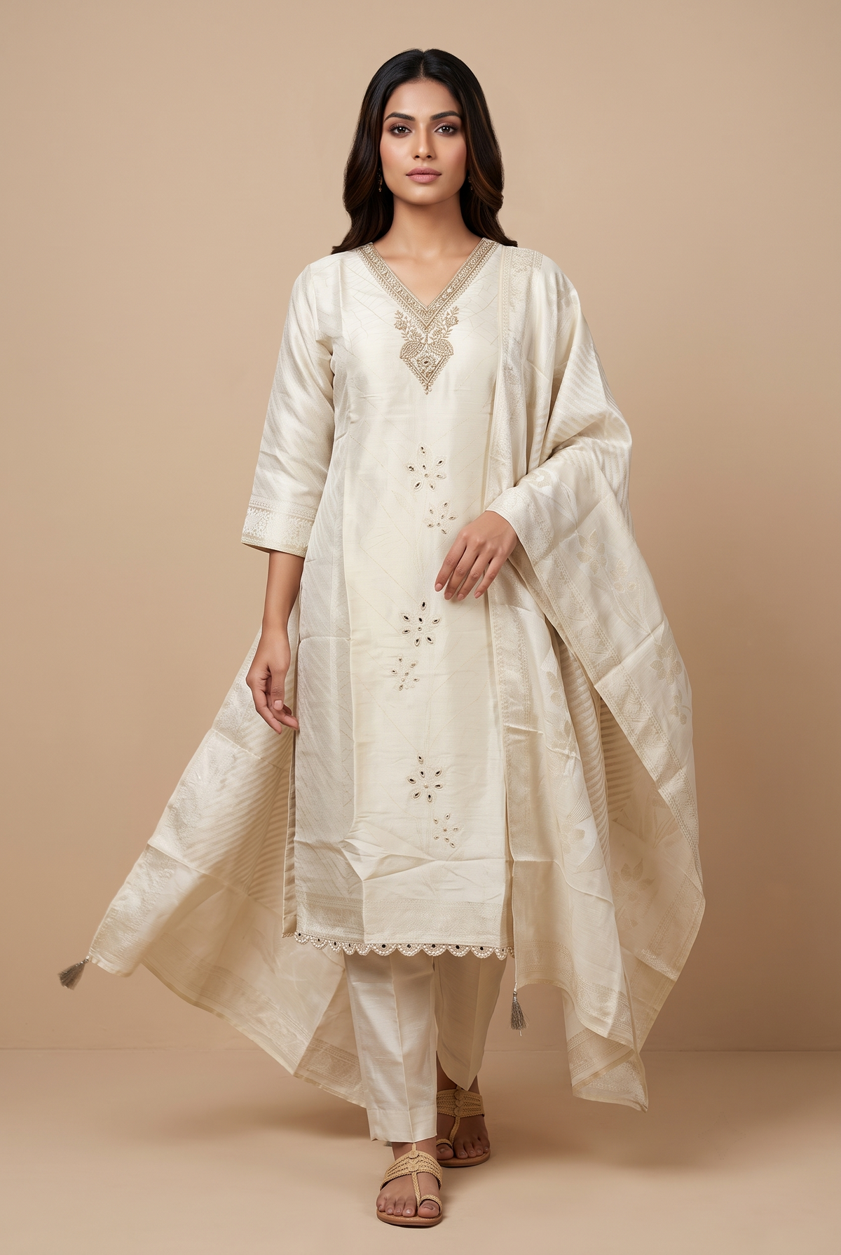White Poly Tissue Jacquard Straight Suit Set