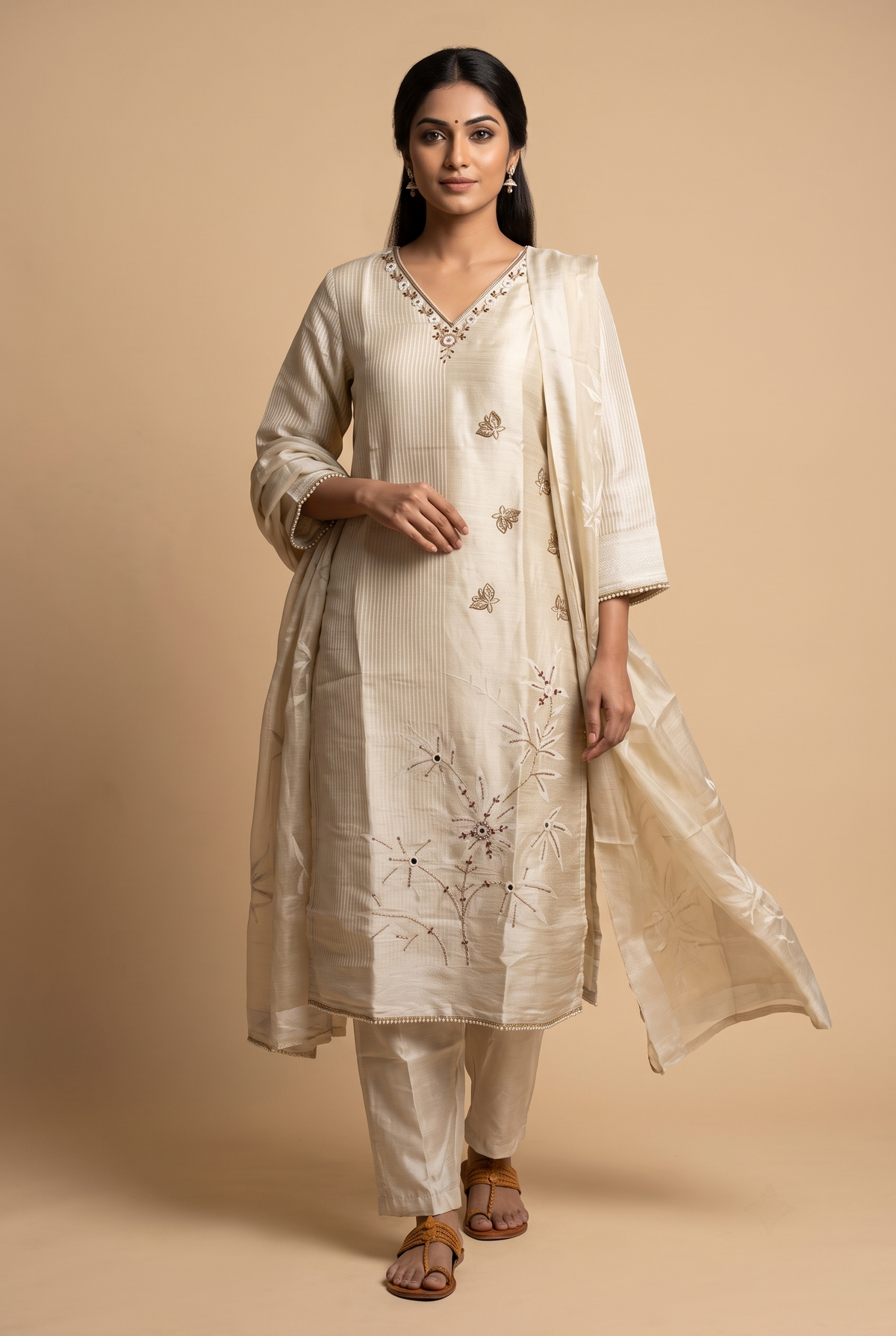 Biscuit Poly Tissue Jacquard Straight Suit Set
