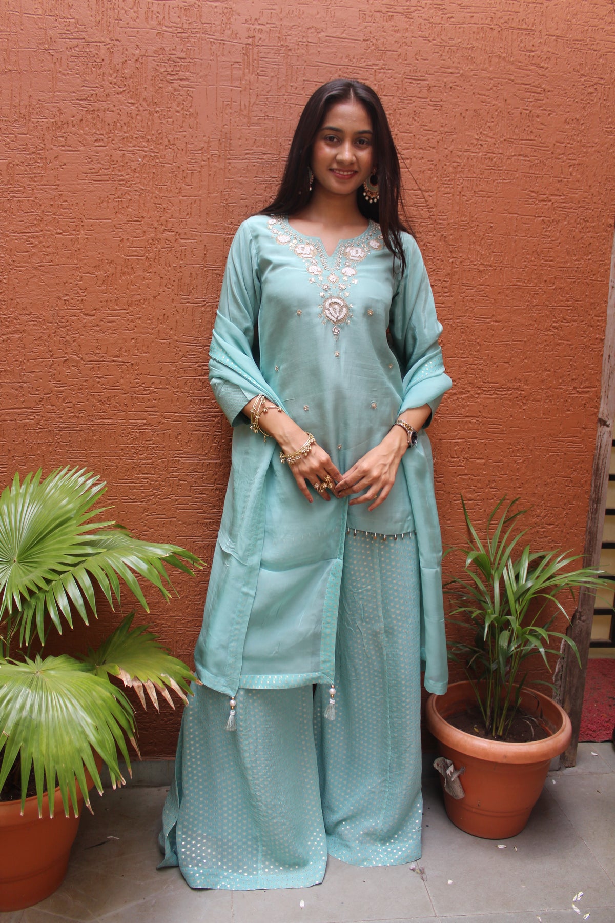 Sky Blue Muslin Short-Top Festive Outfit