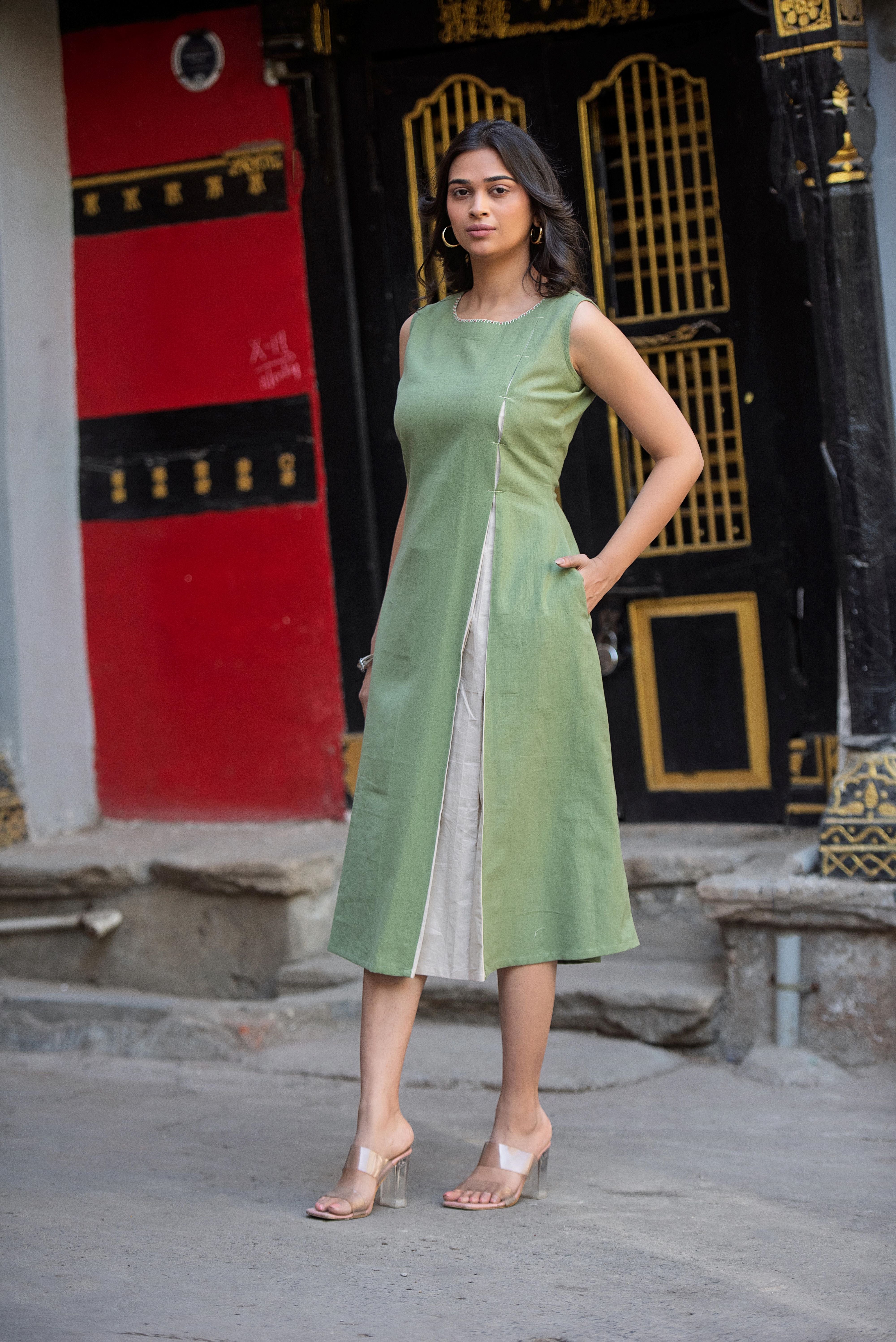 A Green Box Pleat Linen Dress