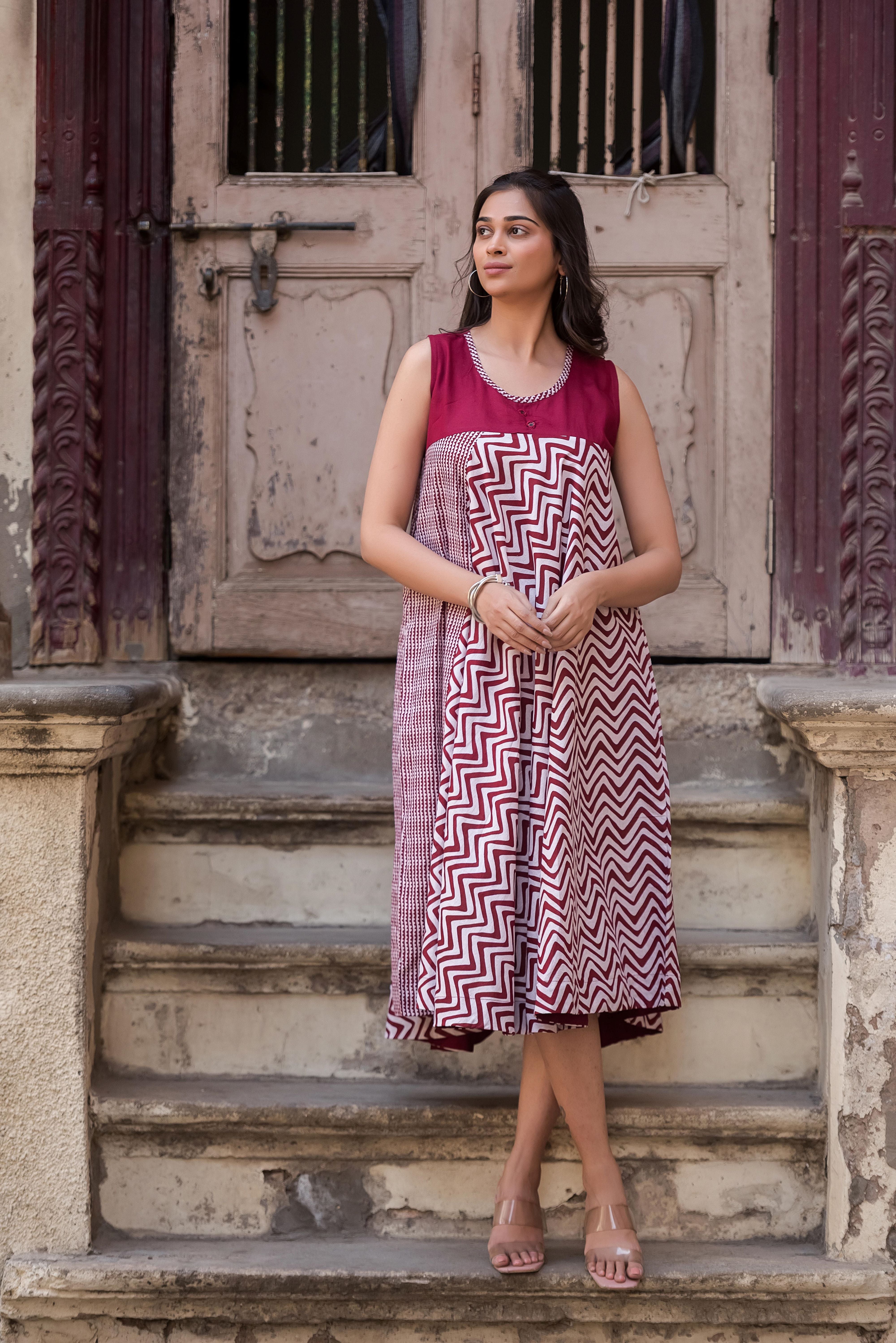 A Maroon Flared Cotton Dress