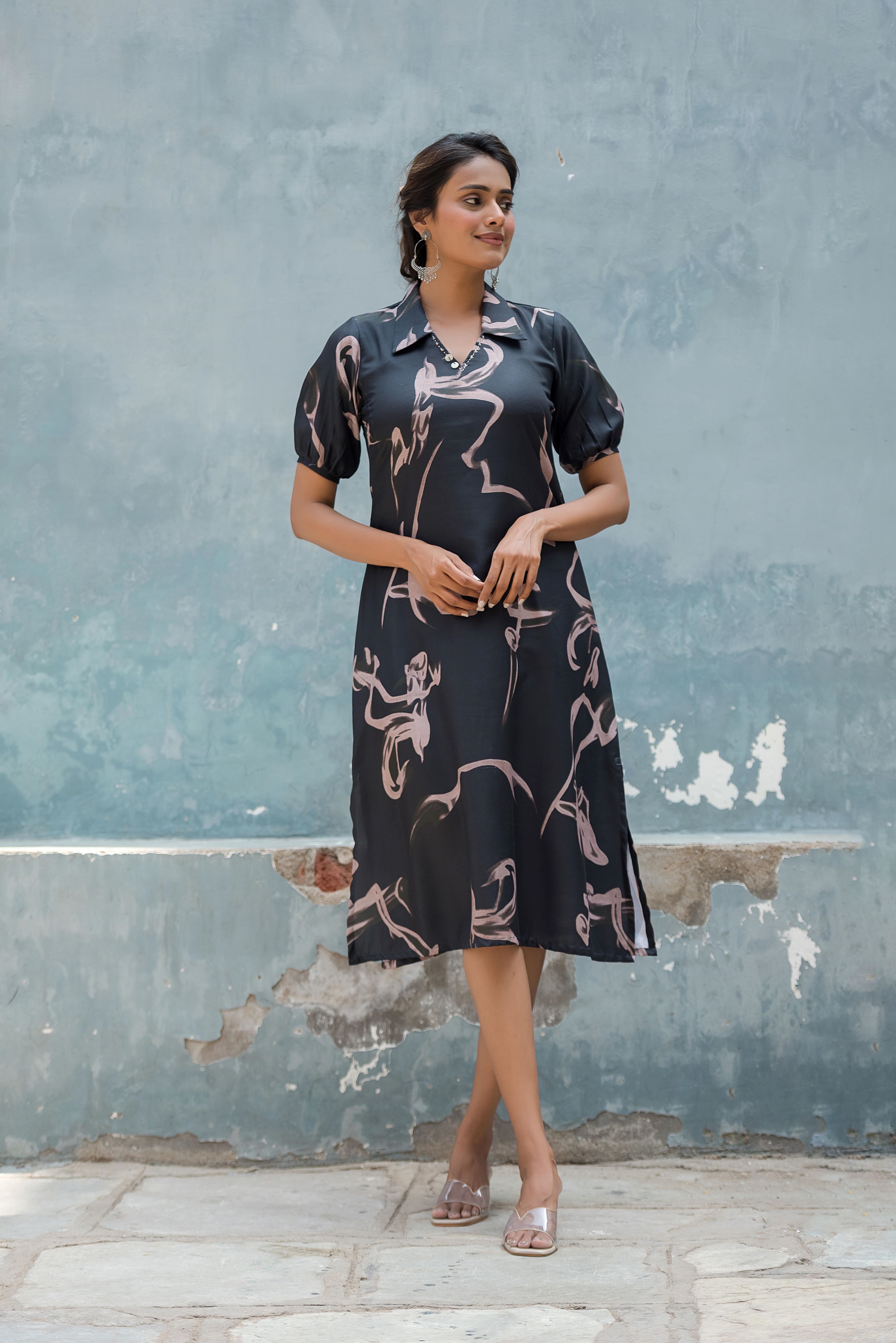 A Black A-line Printed Dress