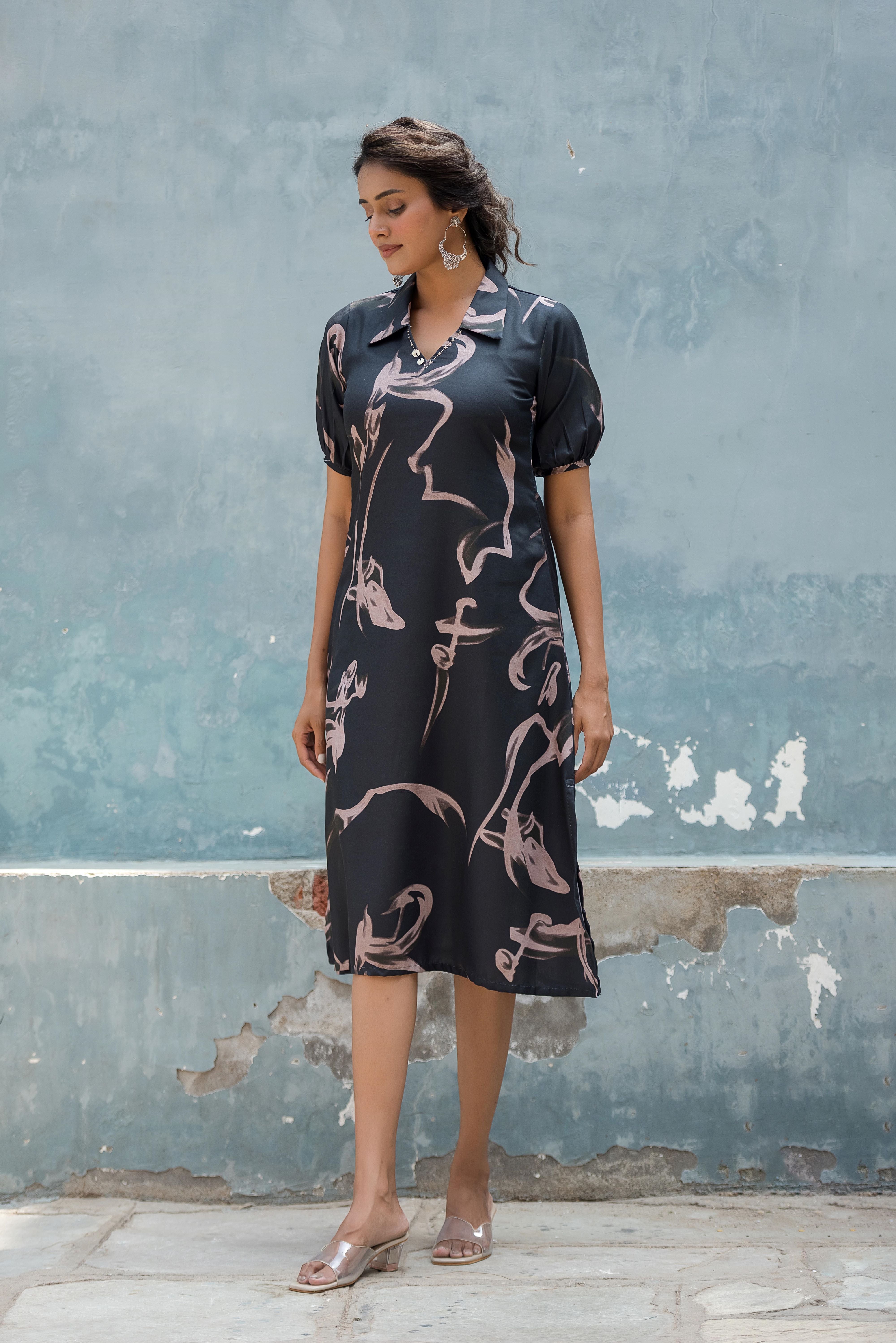 A Black A-line Printed Dress
