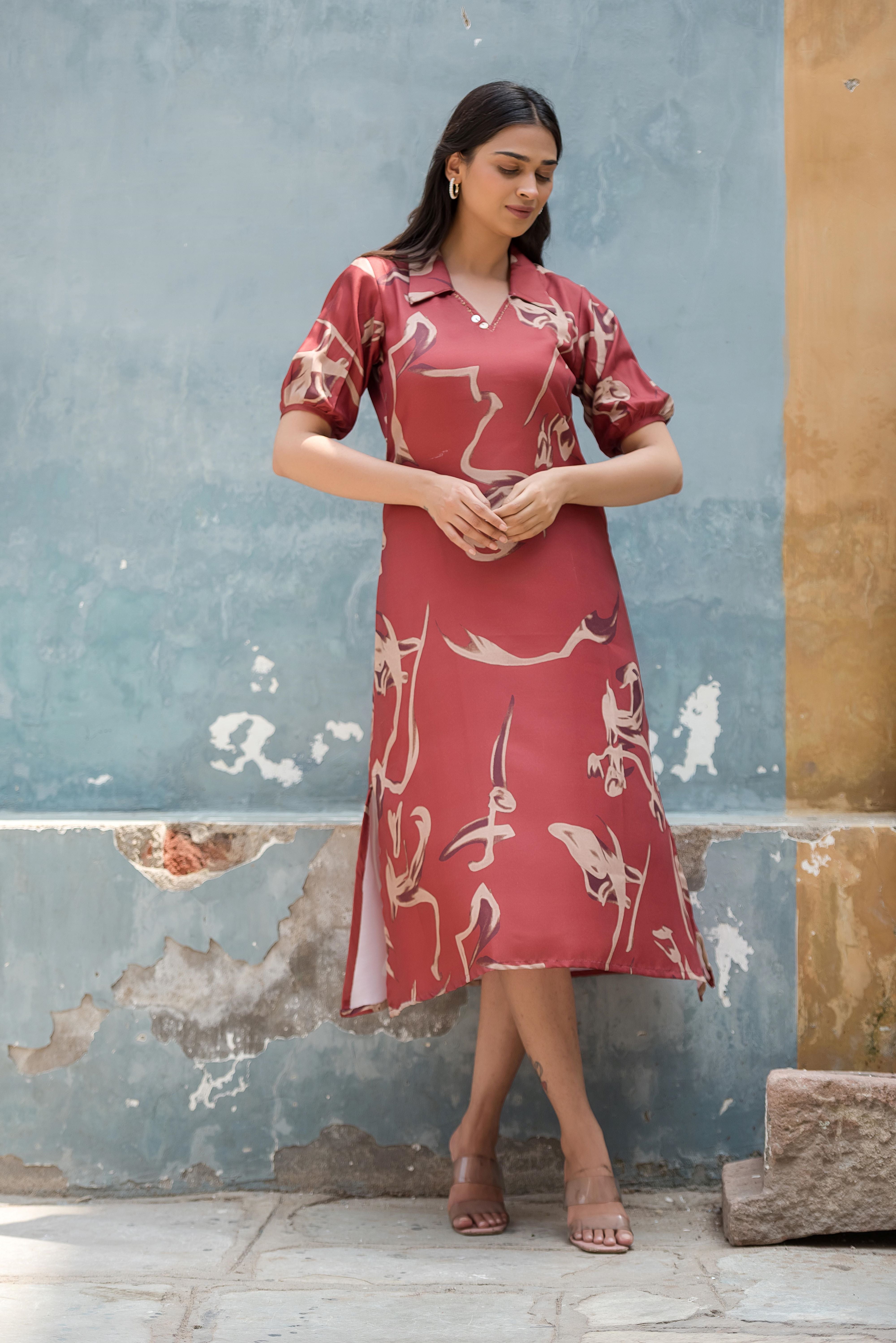 A Red A-line Printed Dress