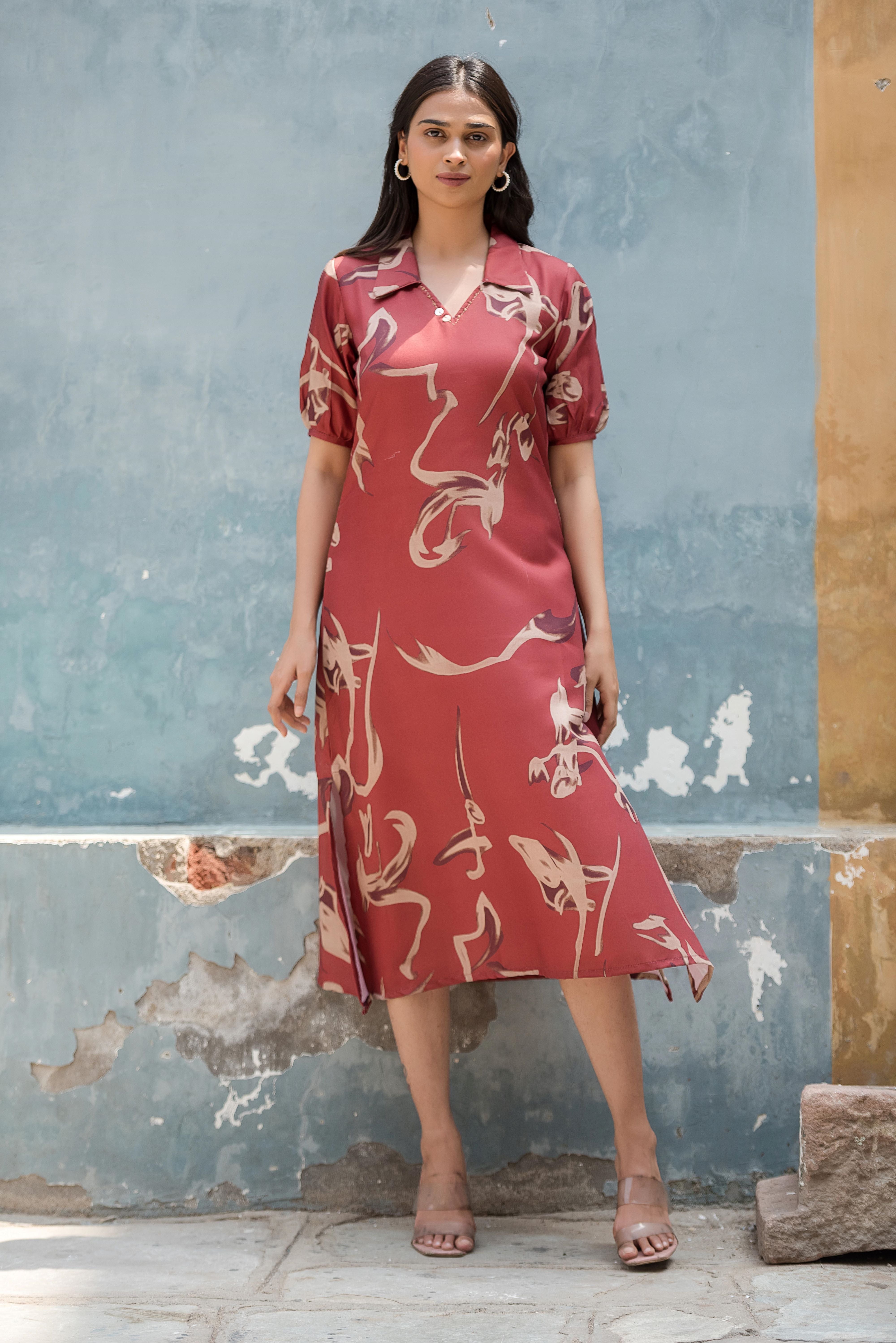A Red A-line Printed Dress