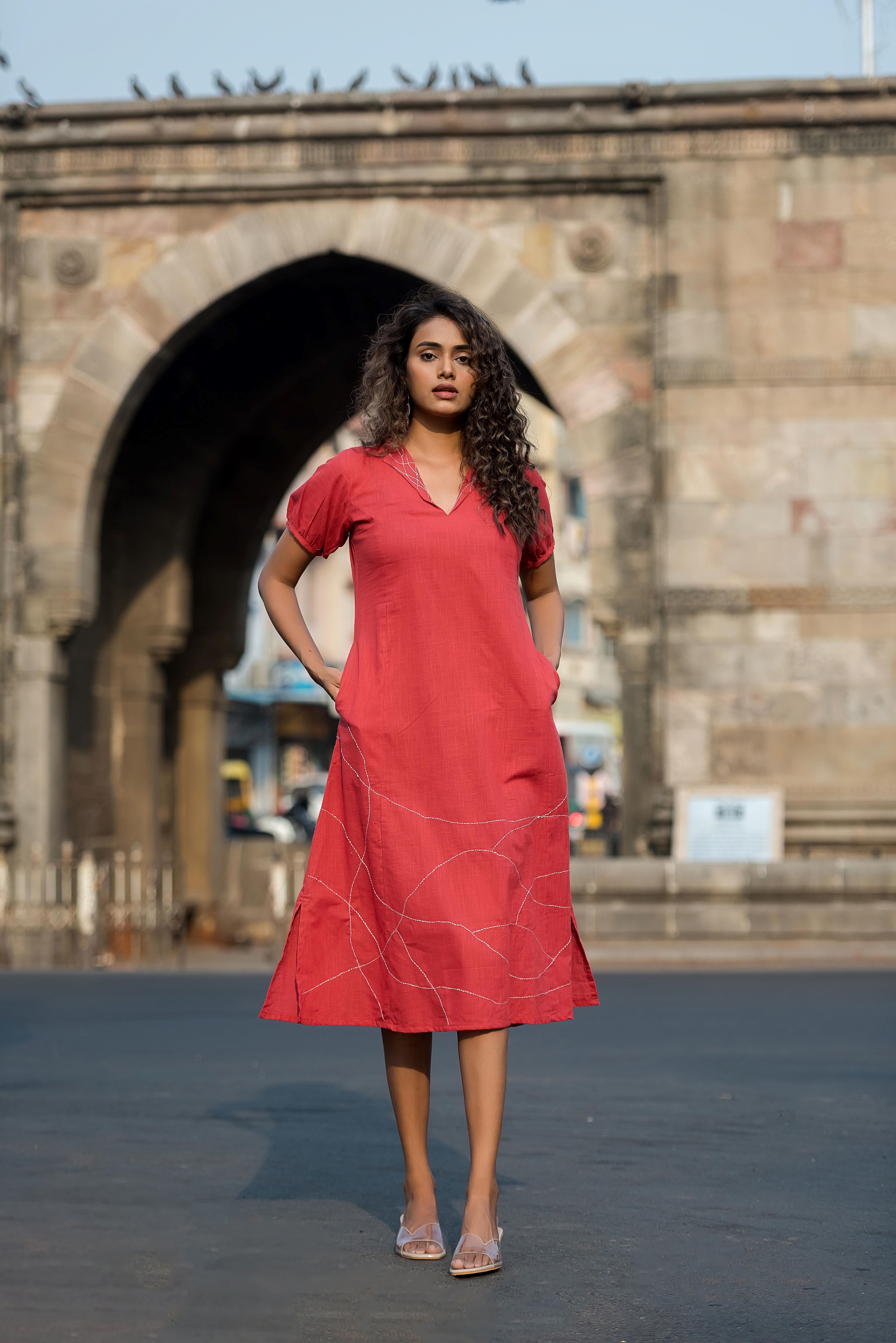 An Elegant Red Linen Kali Dress