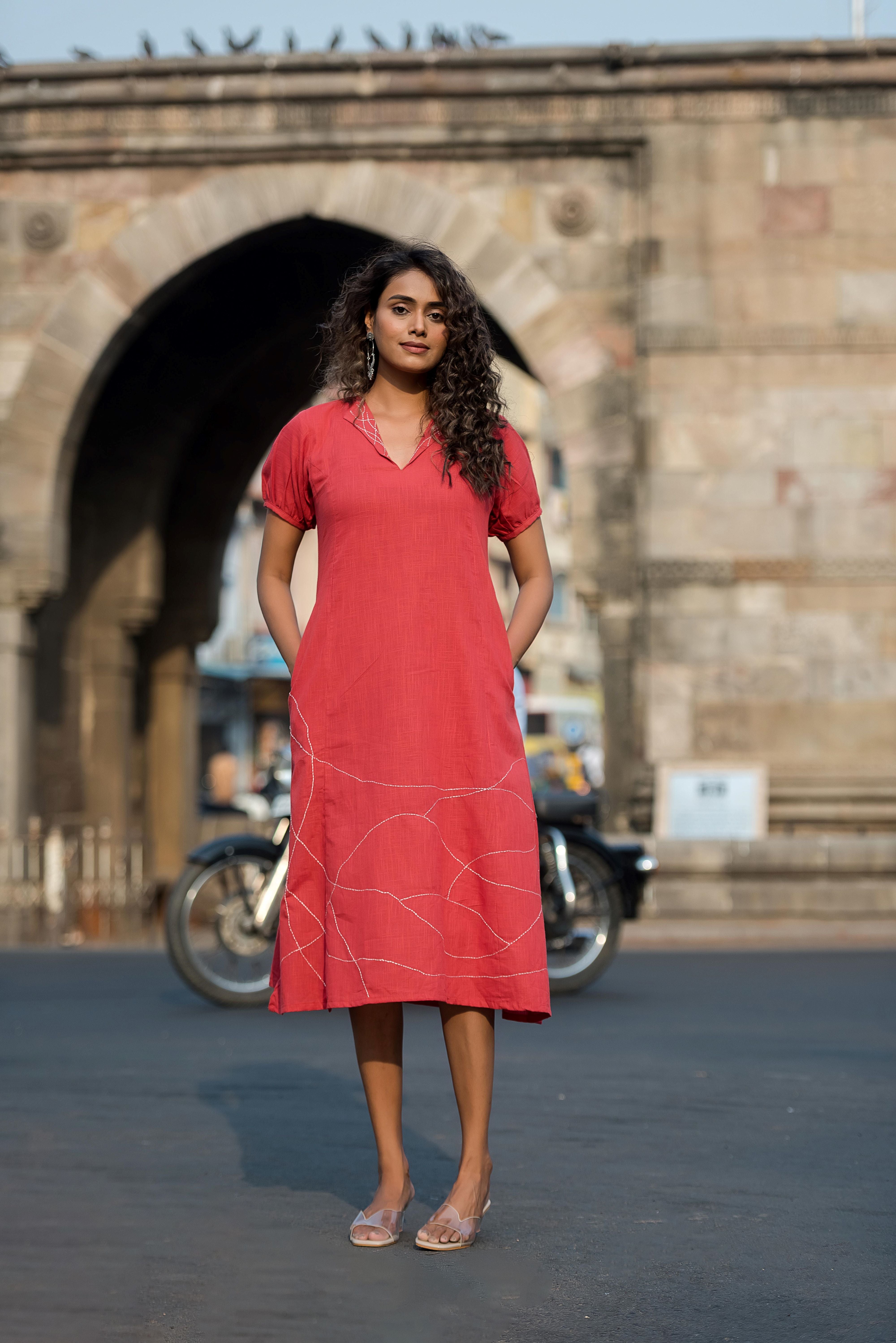 An Elegant Red Linen Kali Dress