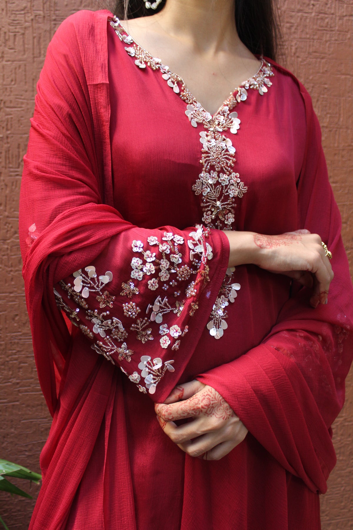 Elegant Red Aline Chinnon Silk Suit Set